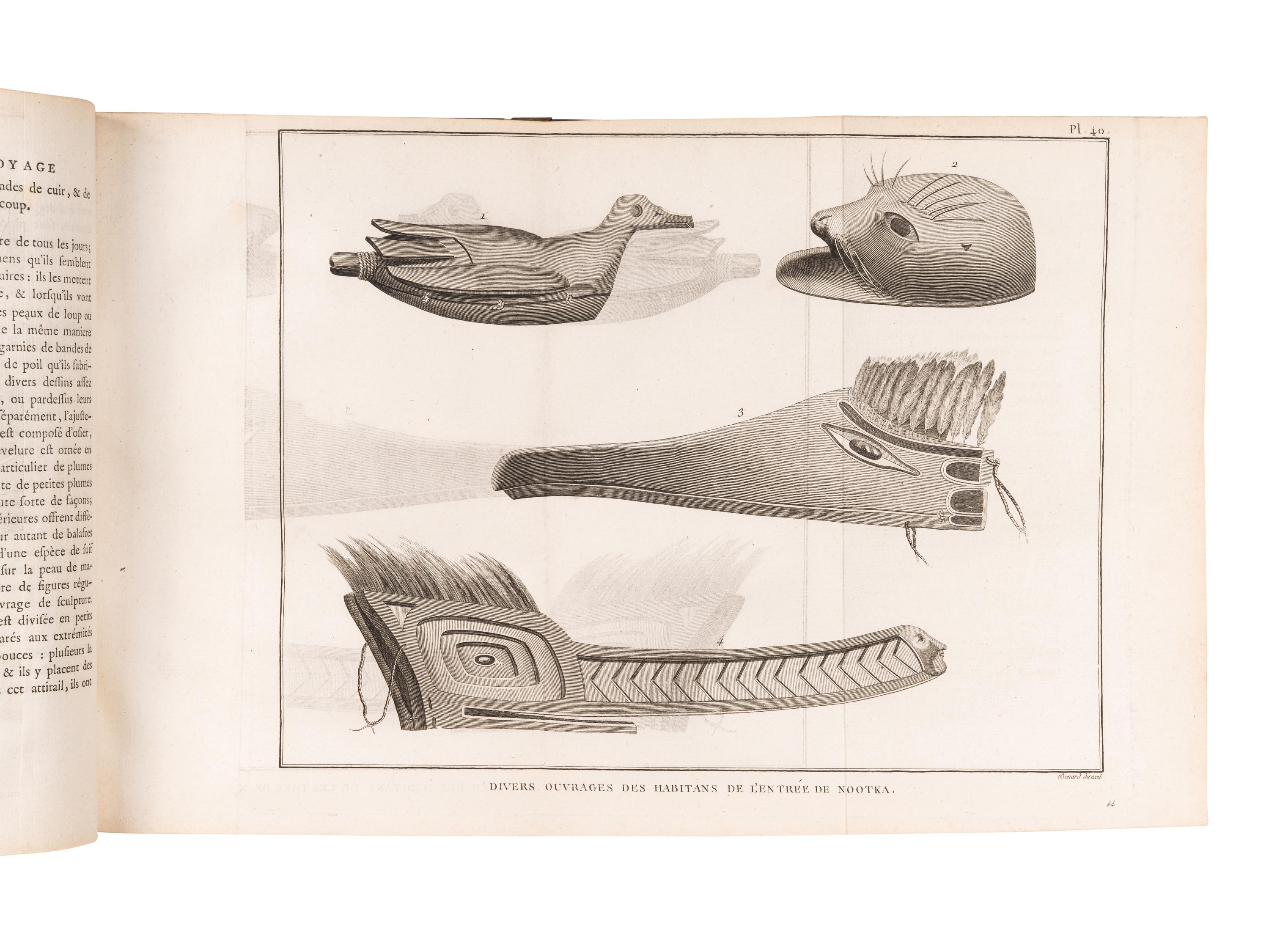 [EXPLORATION -- PACIFIC]. COOK, Capt. James (1728-1779), and Capt. James KING (1750-1784). [Third voyage]. Troisieme voyage de Cook, ou voyage a l'ocean Pacifique... pour faire des decouvertes dans l'hemisphre nord, pour determiner la position & le'tendue de la cote ouest de l'Amerique Septentrionale, sa distance de l'Asie, & resoudre la question du passage au nord. Execute sous la direction des Capitaines Cook, Clerke & Gore, sur les vaisseaux la Resolution & la Decouverte, en 1776, 1777, 1778, 1779 & 1780 . Translated from English into French by Jean Nicholas Demunier. Paris: Hotel de Thou, 1785.
