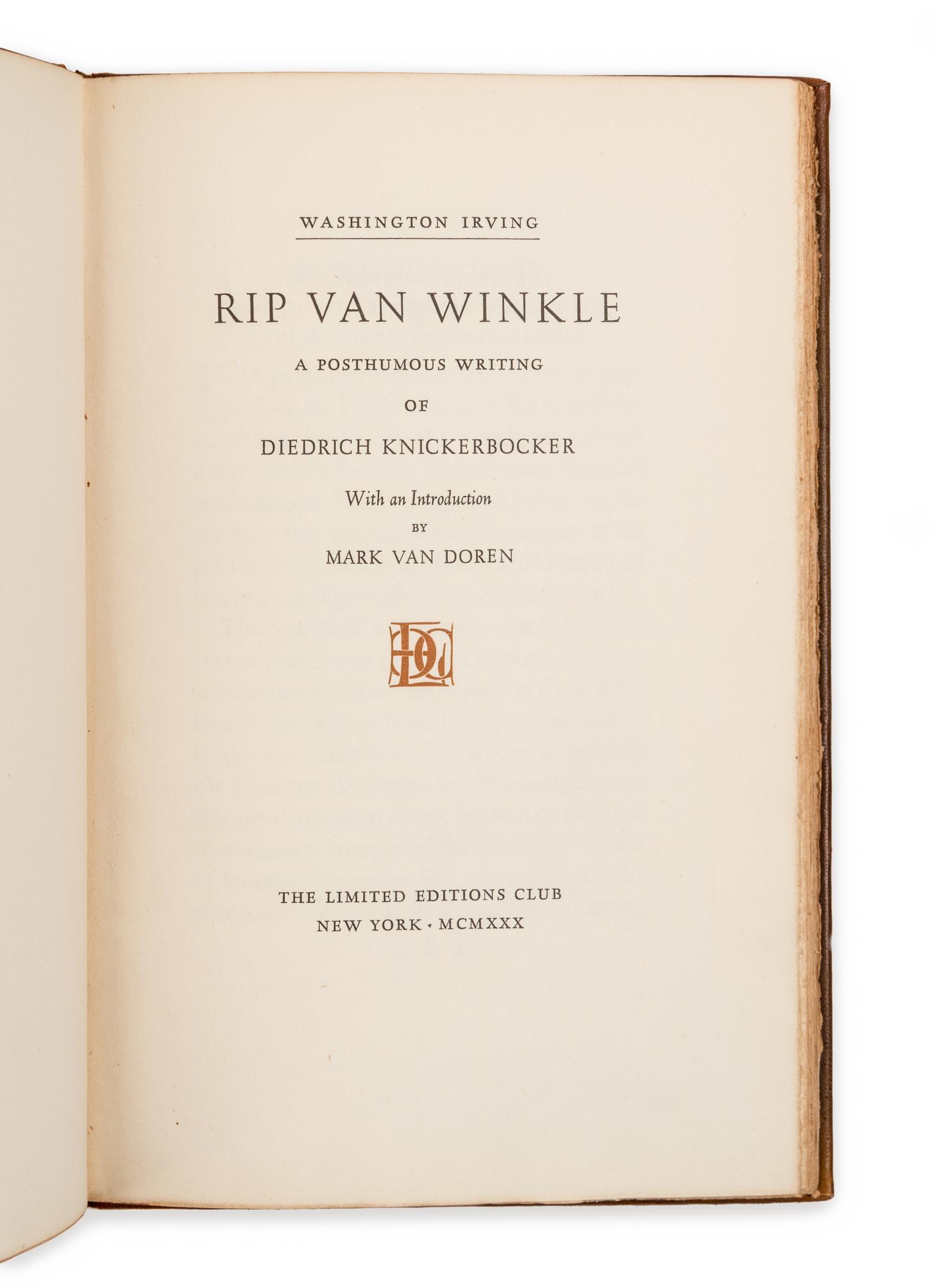 [LIMITED EDITIONS CLUB]. IRVING, Washington. Rip Van Winkle. A Posthumous Writing of Diedrich Knickerbocker. New York, 1930.