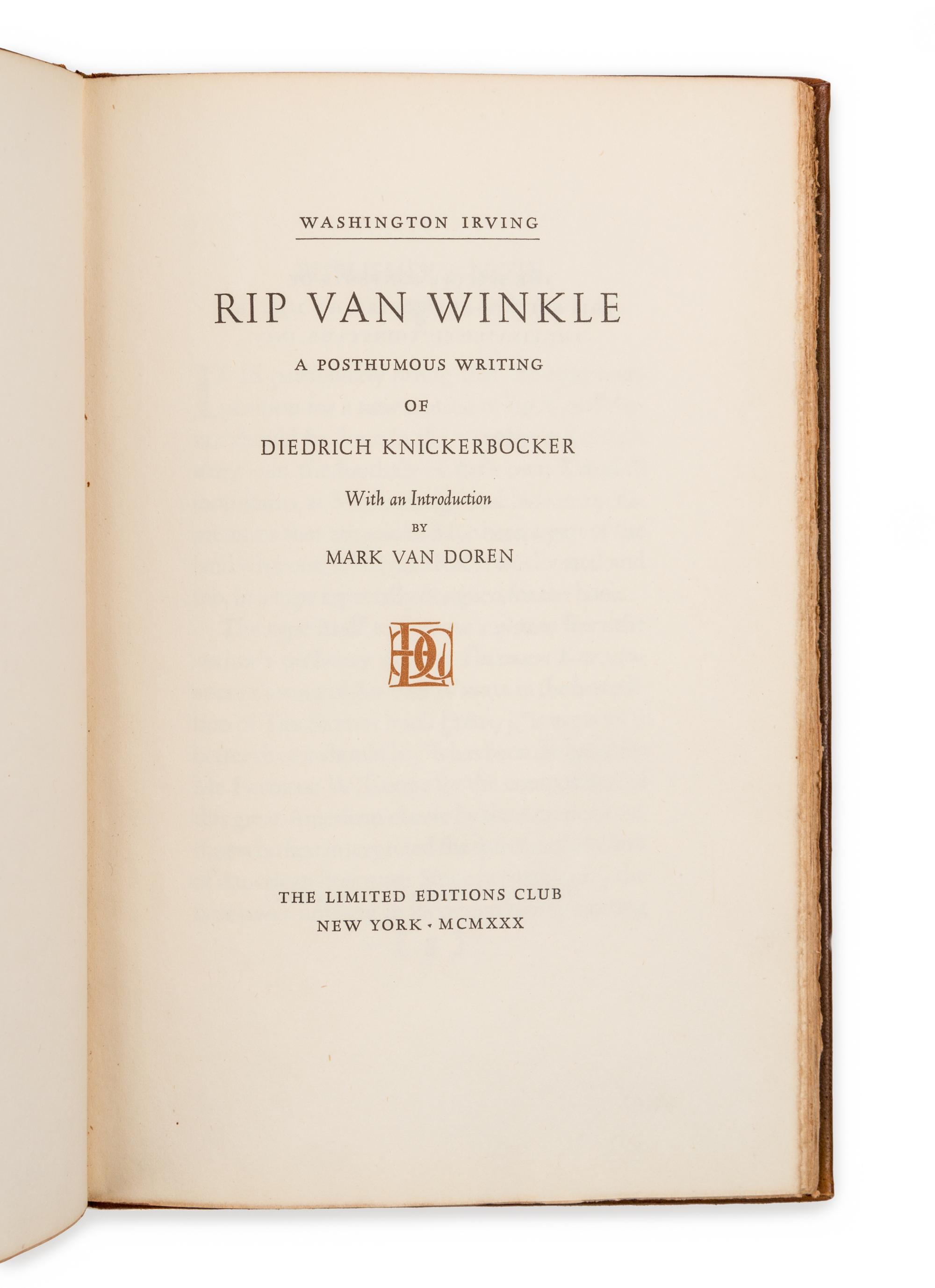 [LIMITED EDITIONS CLUB]. IRVING, Washington. Rip Van Winkle. A Posthumous Writing of Diedrich Knickerbocker. New York, 1930.