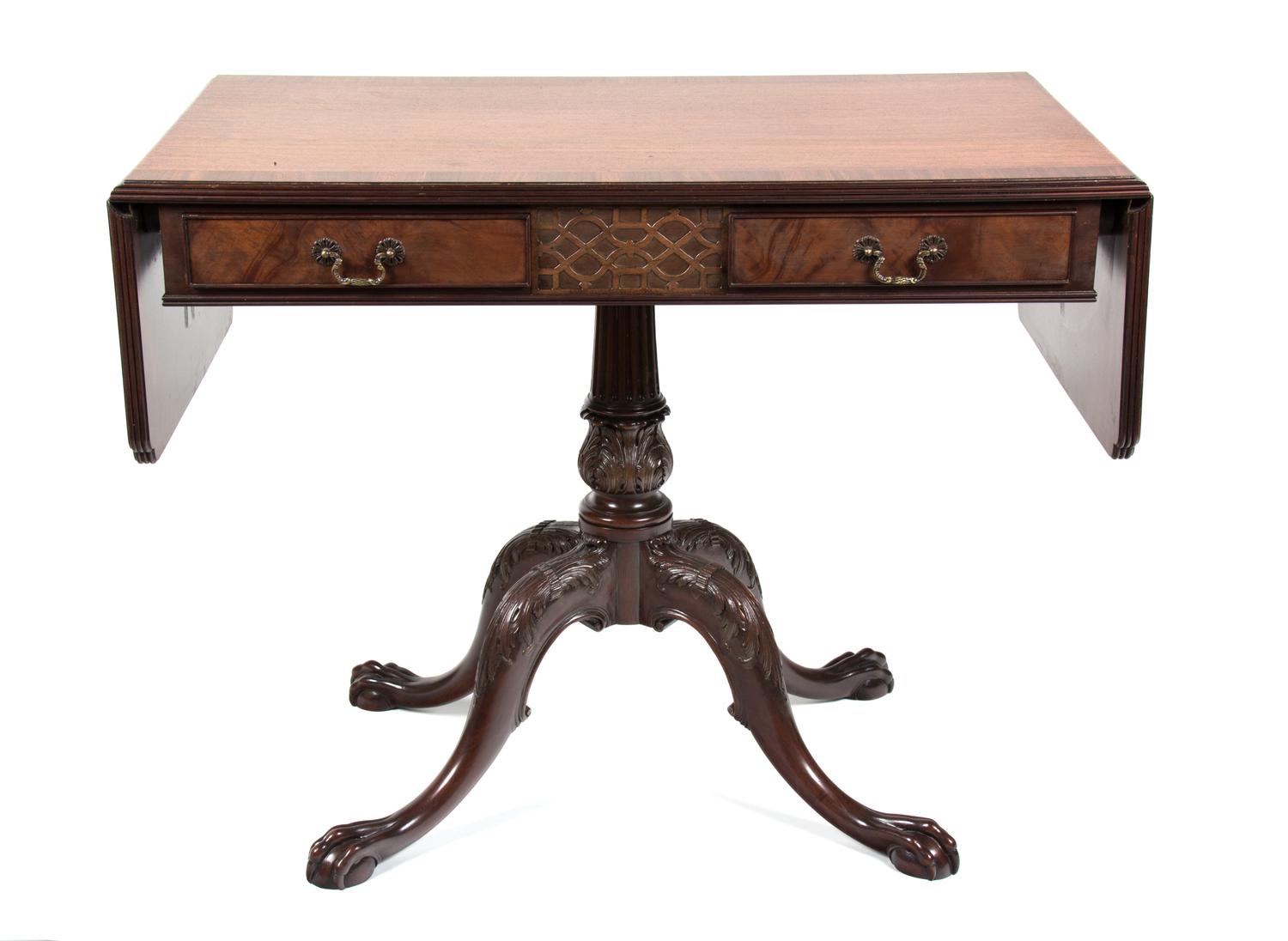A George III Style Mahogany Sofa Table Height 30 1/2 x width (leaves up) 58 1/2 x depth 22 inches. — 20TH CENTURY