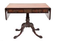 A George III Style Mahogany Sofa Table Height 30 1/2 x width (leaves up) 58 1/2 x depth 22 inches. — 20TH CENTURY