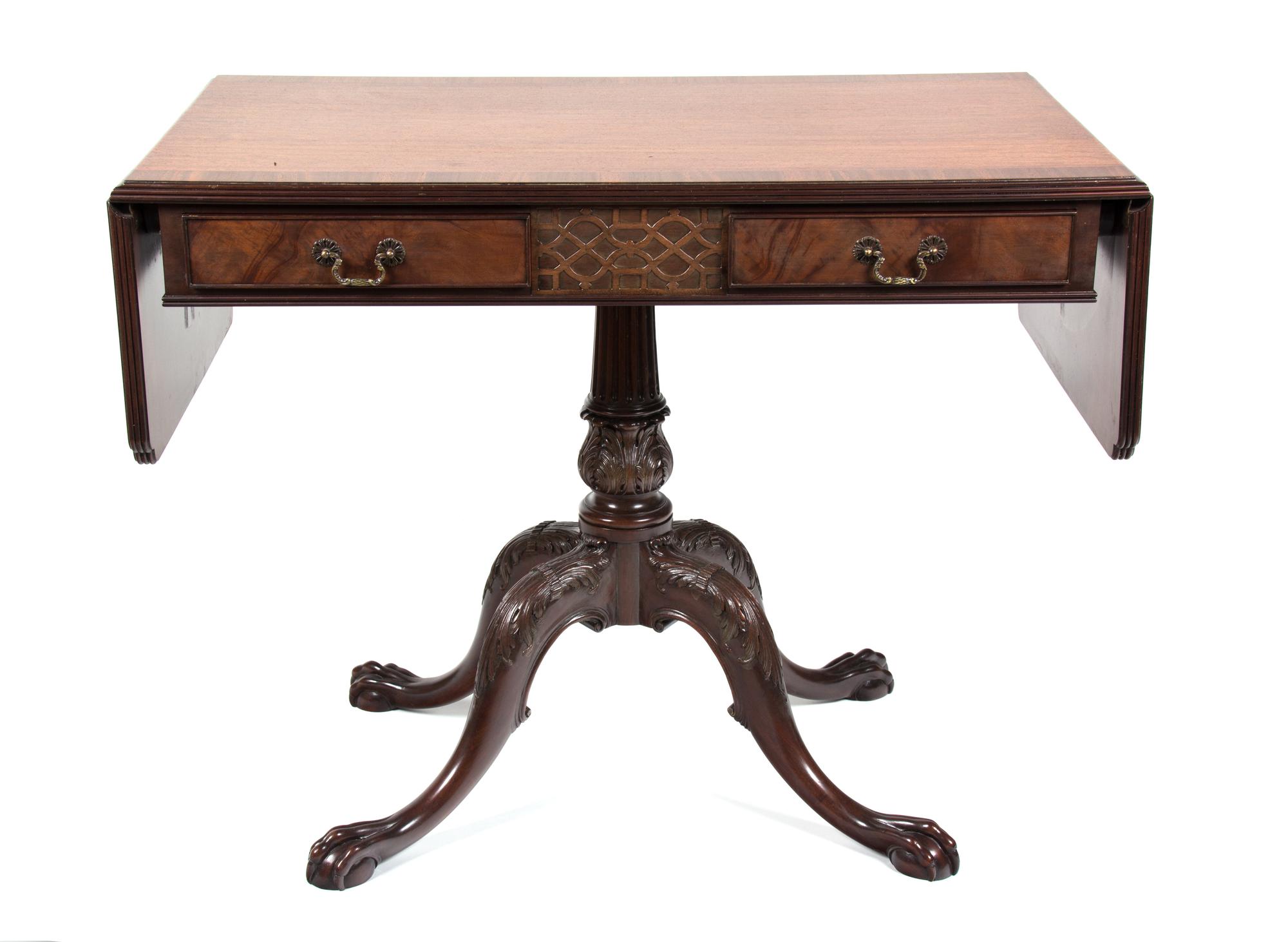 A George III Style Mahogany Sofa Table Height 30 1/2 x width (leaves up) 58 1/2 x depth 22 inches. — 20TH CENTURY