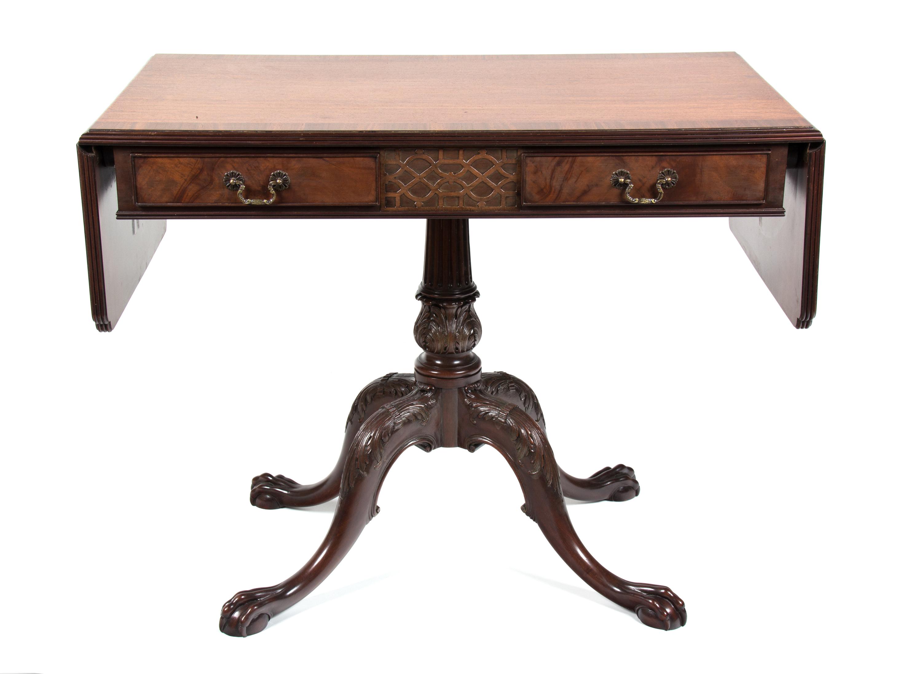A George III Style Mahogany Sofa Table Height 30 1/2 x width (leaves up) 58 1/2 x depth 22 inches. — 20TH CENTURY