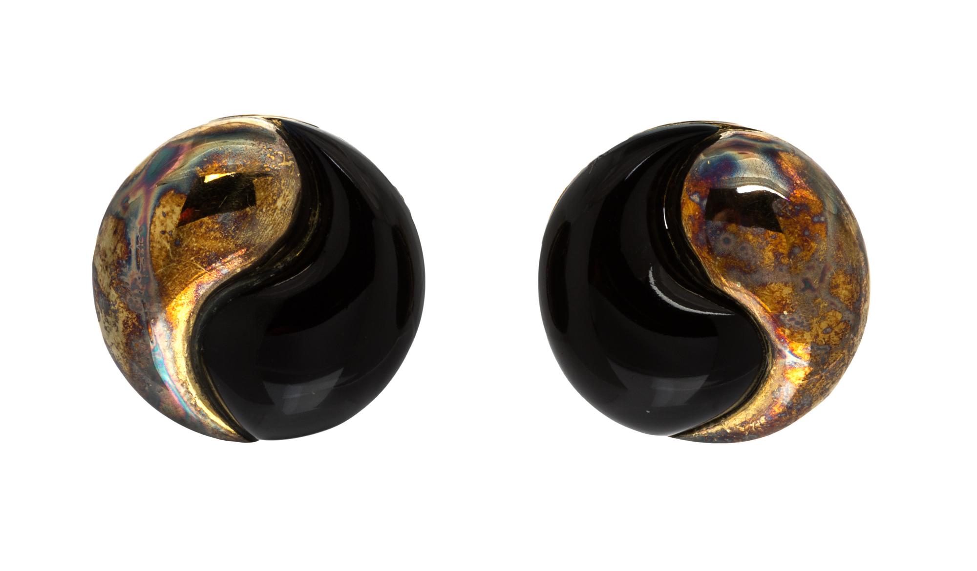 A Pair of 14 Karat Yellow Gold and Onyx Yin-Yang Earclips, Rio, 10.70 dwts.