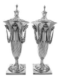 A Matched Pair of English Silver-Plate Covered Urns, Likely Henry Wilkinson & Co., Sheffield, 19th Century, each cover surmounted by an