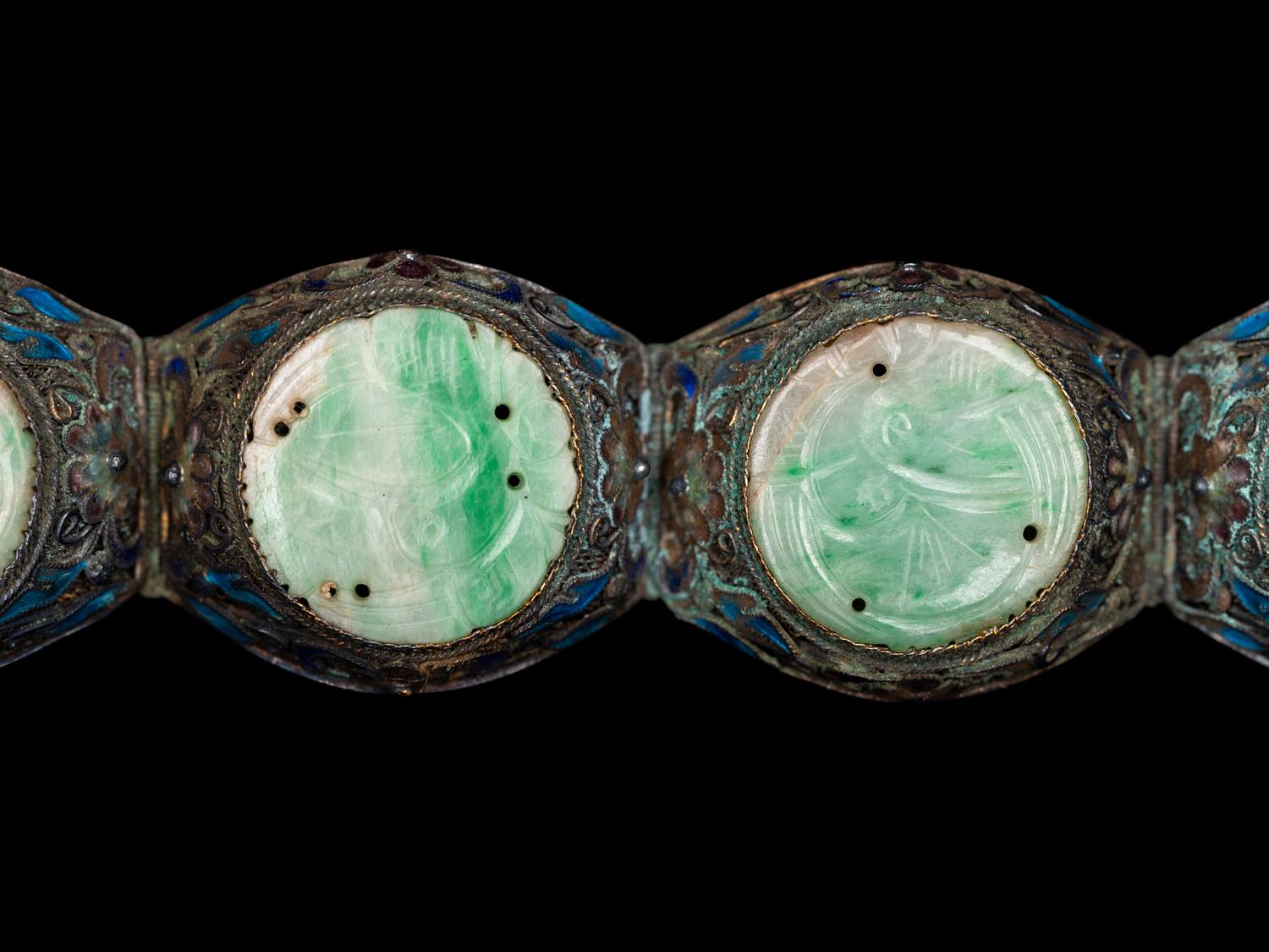 A Pair of Chinese Jadeite Inset Enameled Filigree Bracelets