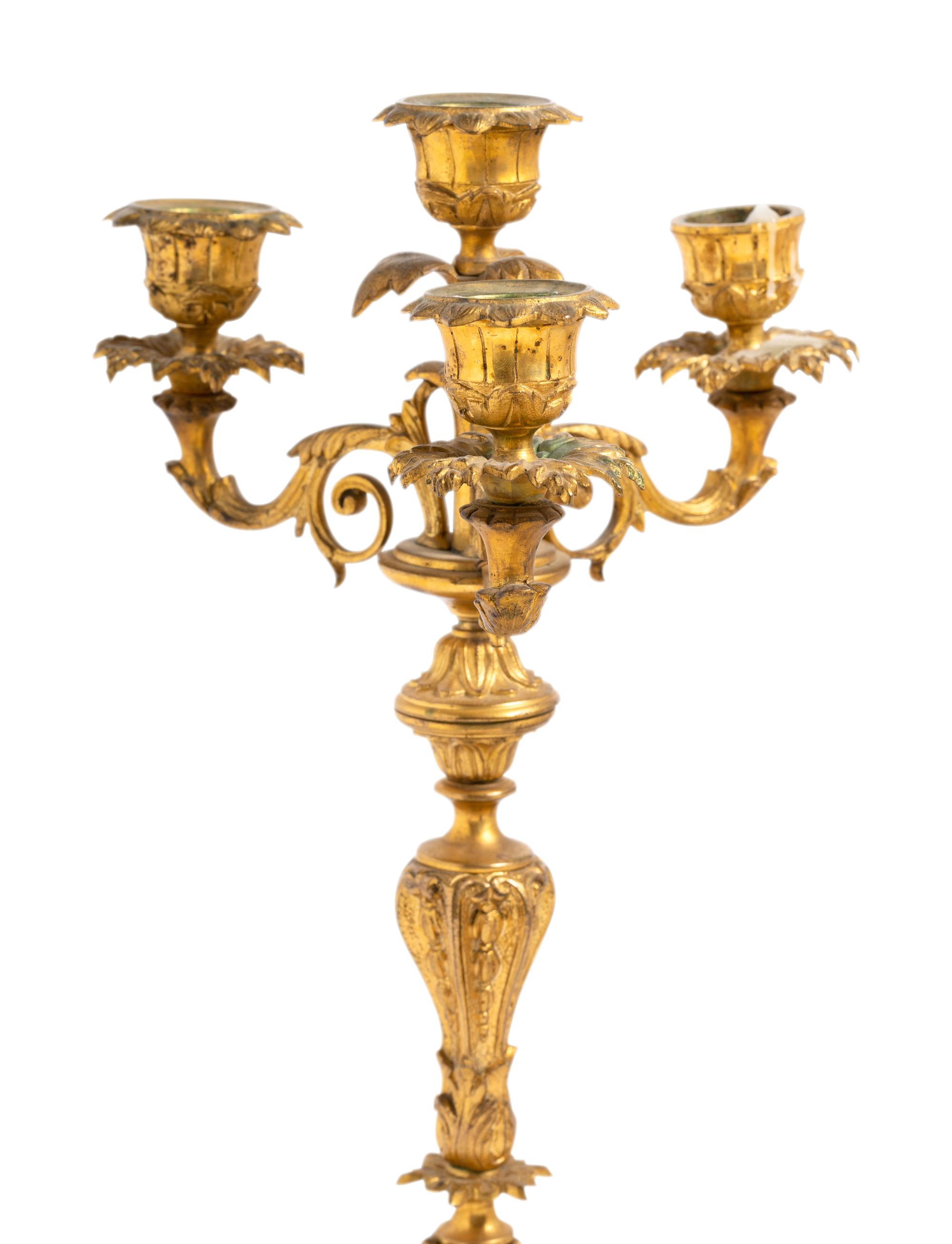 A Pair of Continental Gilt Metal Four-Light Candelabra