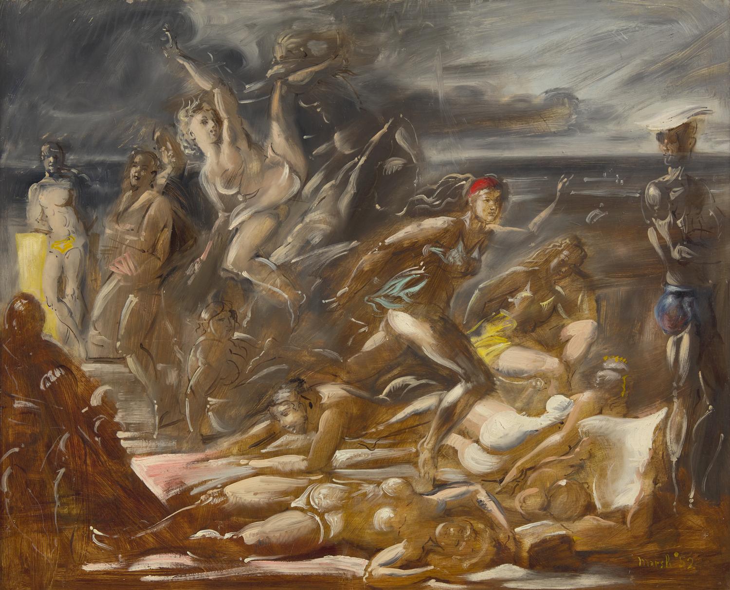 Reginald Marsh (American, 1898-1954) — Frolicking on the Beach ; with Figure Studies (A Double-Sided Work), 1952