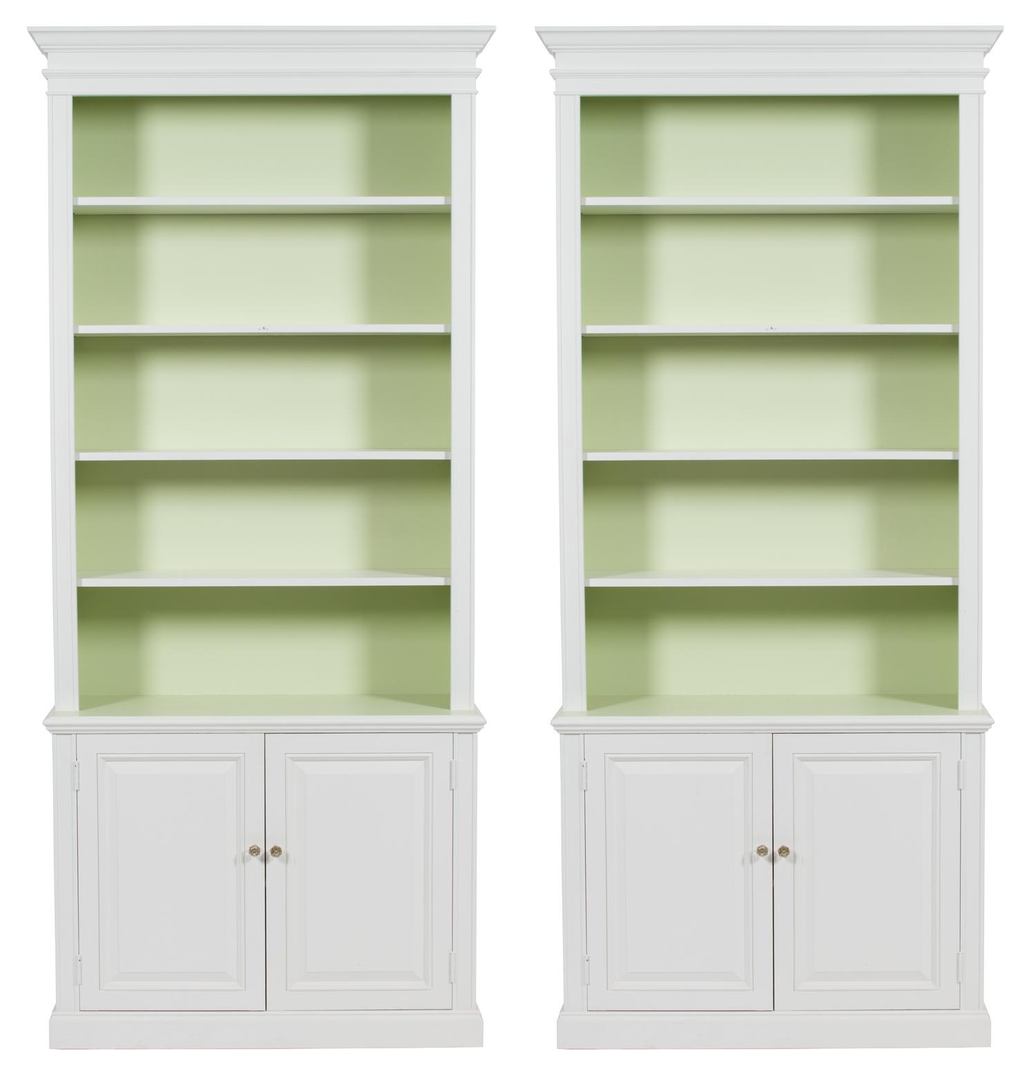 A Pair of Georgian Style White Painted Bookshelf Cabinets Height 96 x width 41 x depth 15 inches. — 20TH CENTURY
