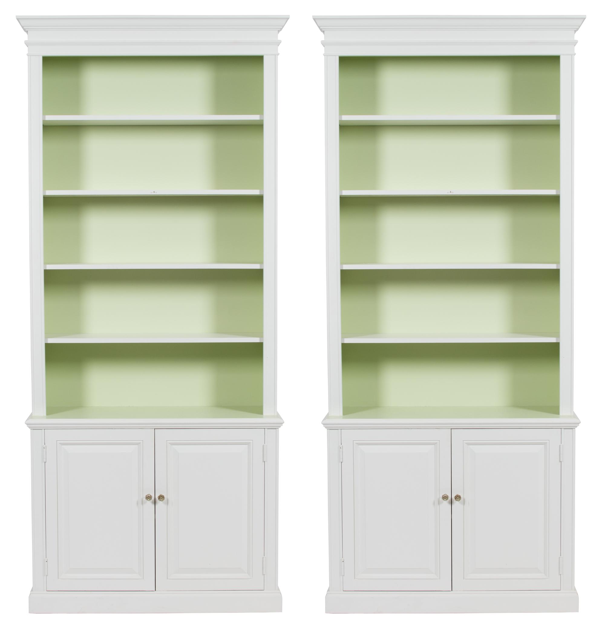 A Pair of Georgian Style White Painted Bookshelf Cabinets Height 96 x width 41 x depth 15 inches. — 20TH CENTURY