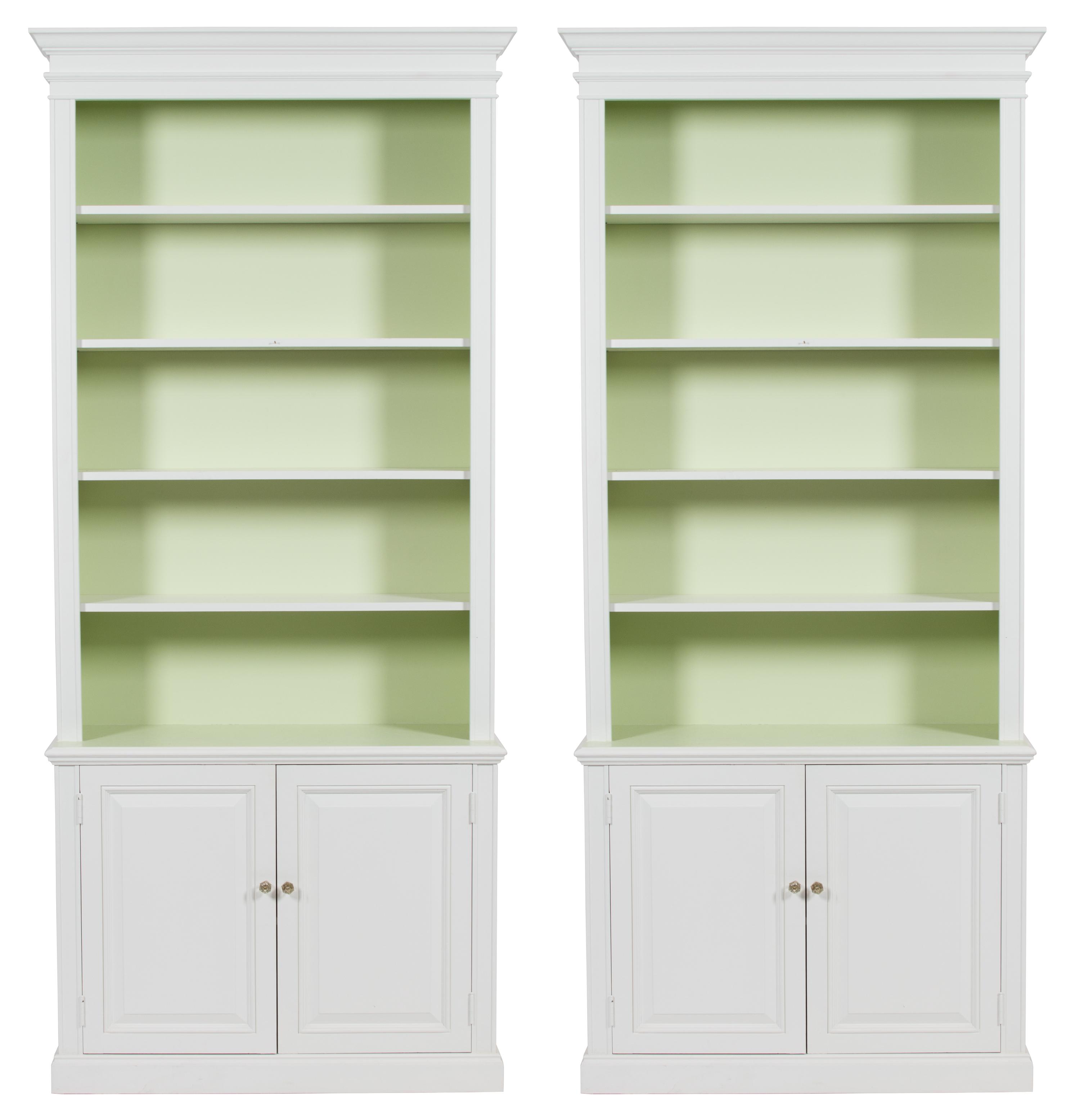 A Pair of Georgian Style White Painted Bookshelf Cabinets Height 96 x width 41 x depth 15 inches. — 20TH CENTURY