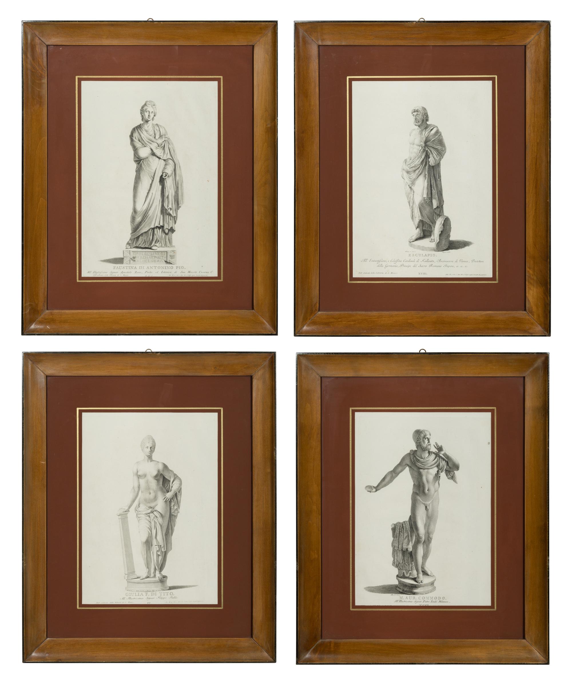 A Set of Four Prints of Antique Statues published by Antonio Maria Zanetti (1706-1778)]. From Delle Antiche Statue Greche e Romane che nell'Antisala della Libreria di San Marco, Venice,1740-1743 sight: 16 x 11 1/4 inches. framed: 25 3/4 x 21 inches.