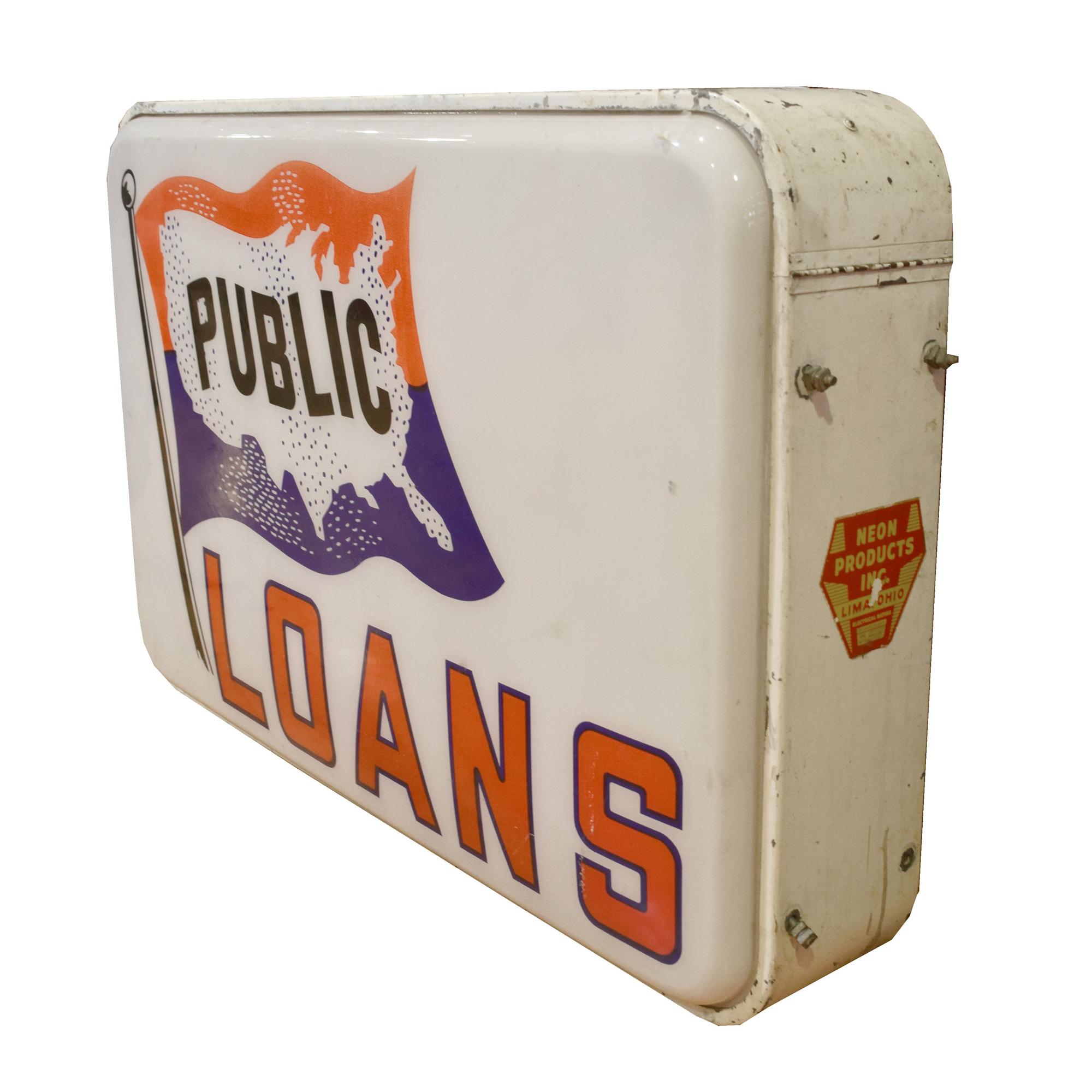 A Metal and Plexiglass Public Loans Light-Up Sign 38" W x 7" D x 24.5" H — United States, Mid-20th Century