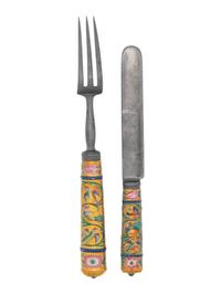 A Russian Silver and Porcelain-Mounted Dinner Knife and Fork