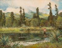 Two Works: Outlet, Lake Rotaroa , 1997, oil on board and Fish in the Stream, oil on canvas