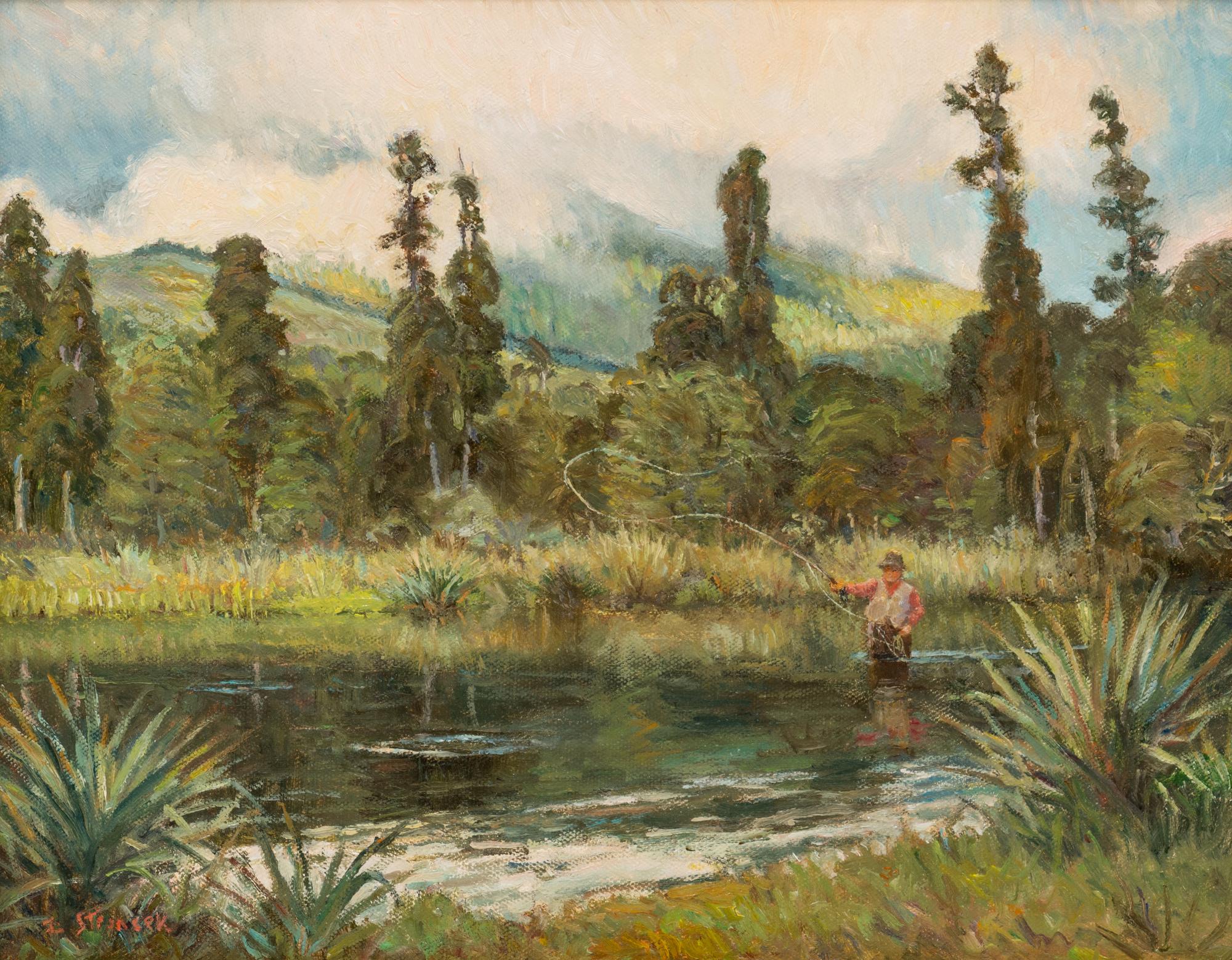 Two Works: Outlet, Lake Rotaroa , 1997, oil on board and Fish in the Stream, oil on canvas