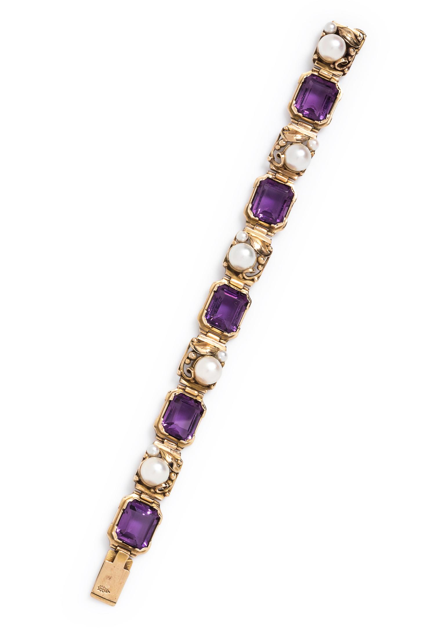 An Arts and Craft Yellow Gold, Amethyst and Pearl Bracelet, Edward Oakes,