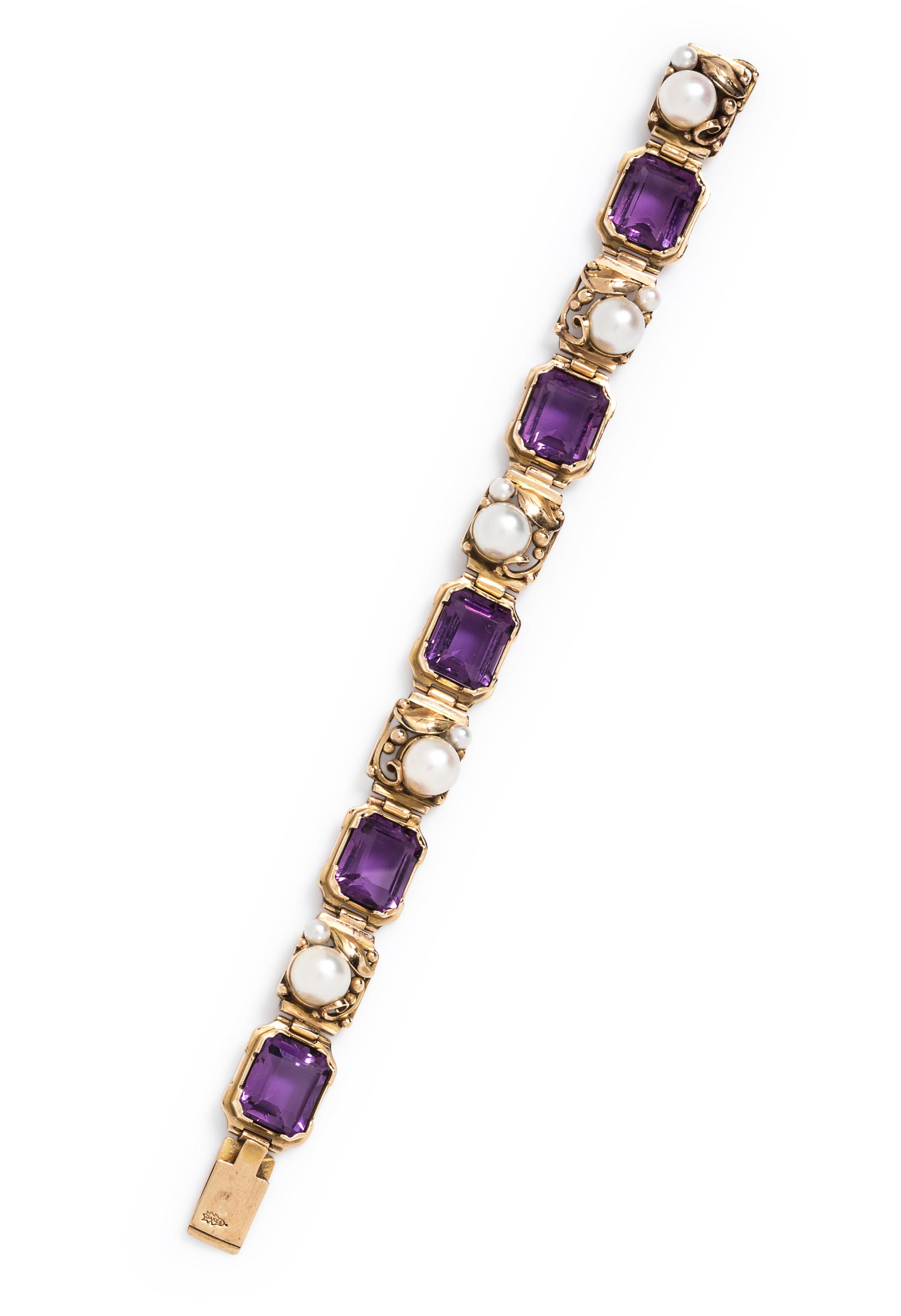 An Arts and Craft Yellow Gold, Amethyst and Pearl Bracelet, Edward Oakes,