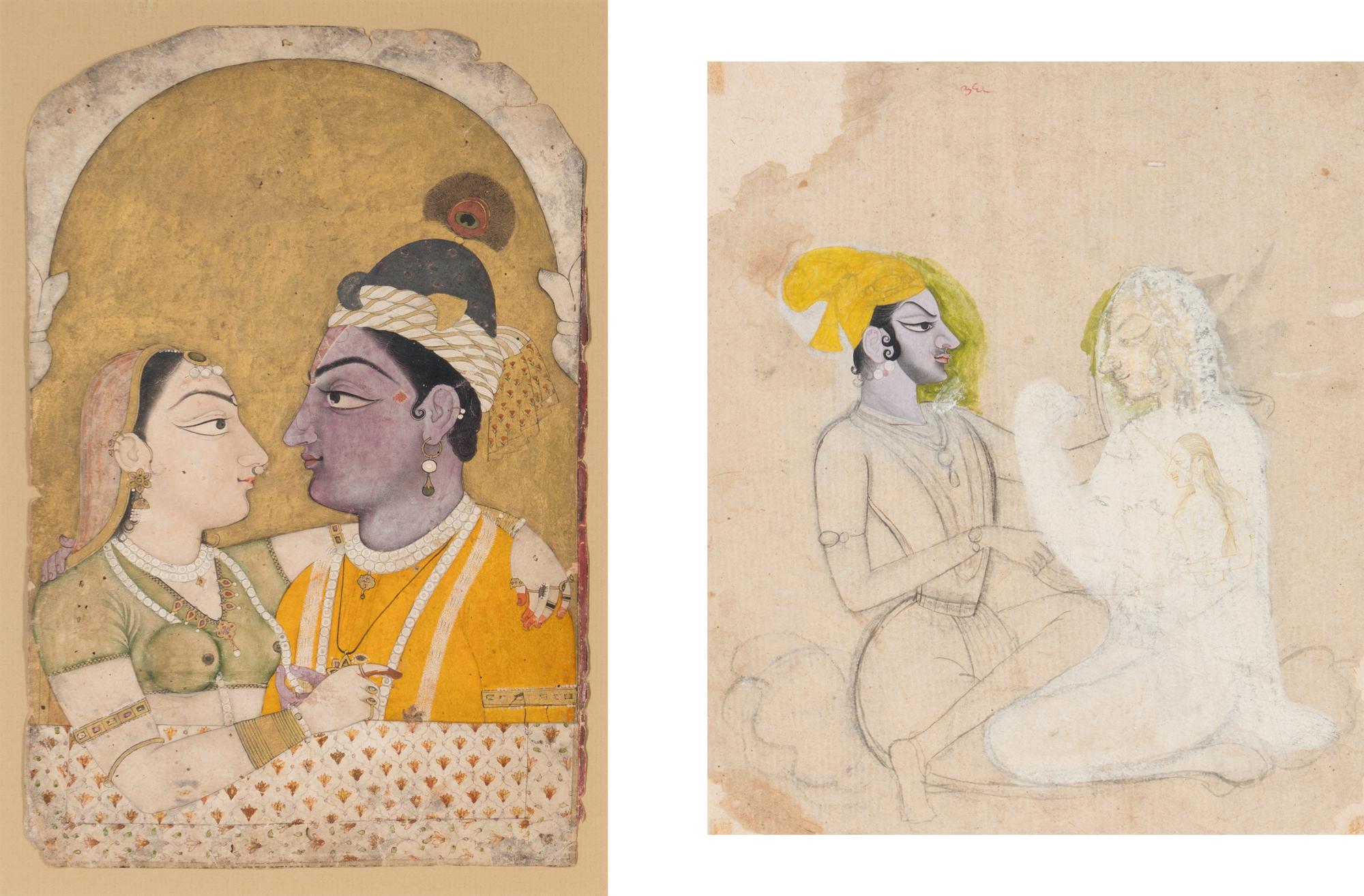 Two Indian Drawing of Krishna and Radha, 18th Century 十八世紀 印度 黑天與牧女細密畫兩幅