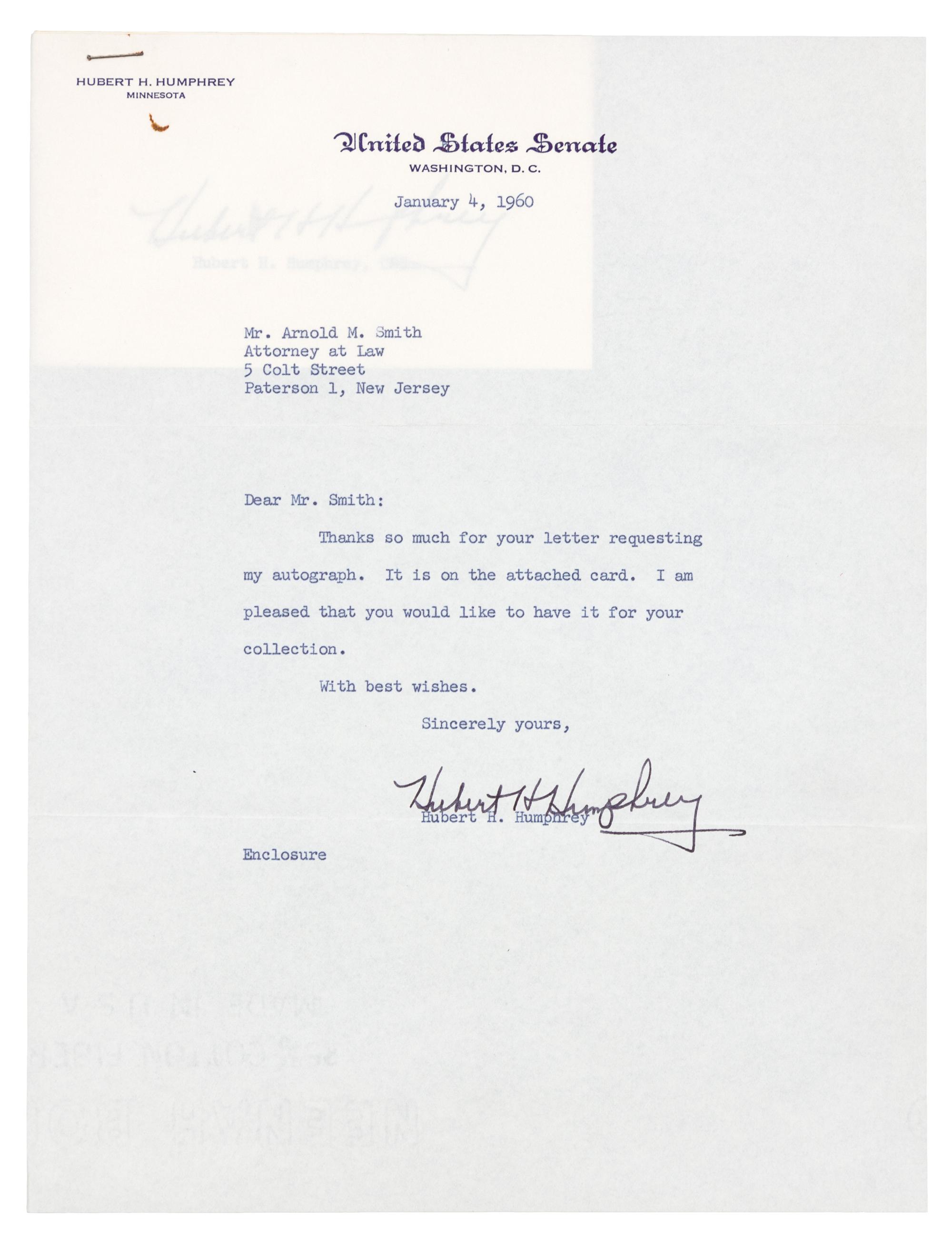 HUMPHREY, Hubert H. (1911-1978), Vice President. Typed letter signed ("Hubert H. Humphrey"), as United States Senator. To Arnold Smith, 4 January 1960.