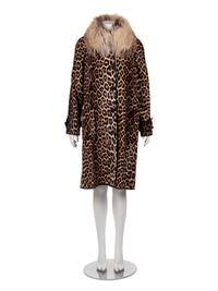 J. Mendel Leopard Print Cavallino Trench Coat with Fox Collar