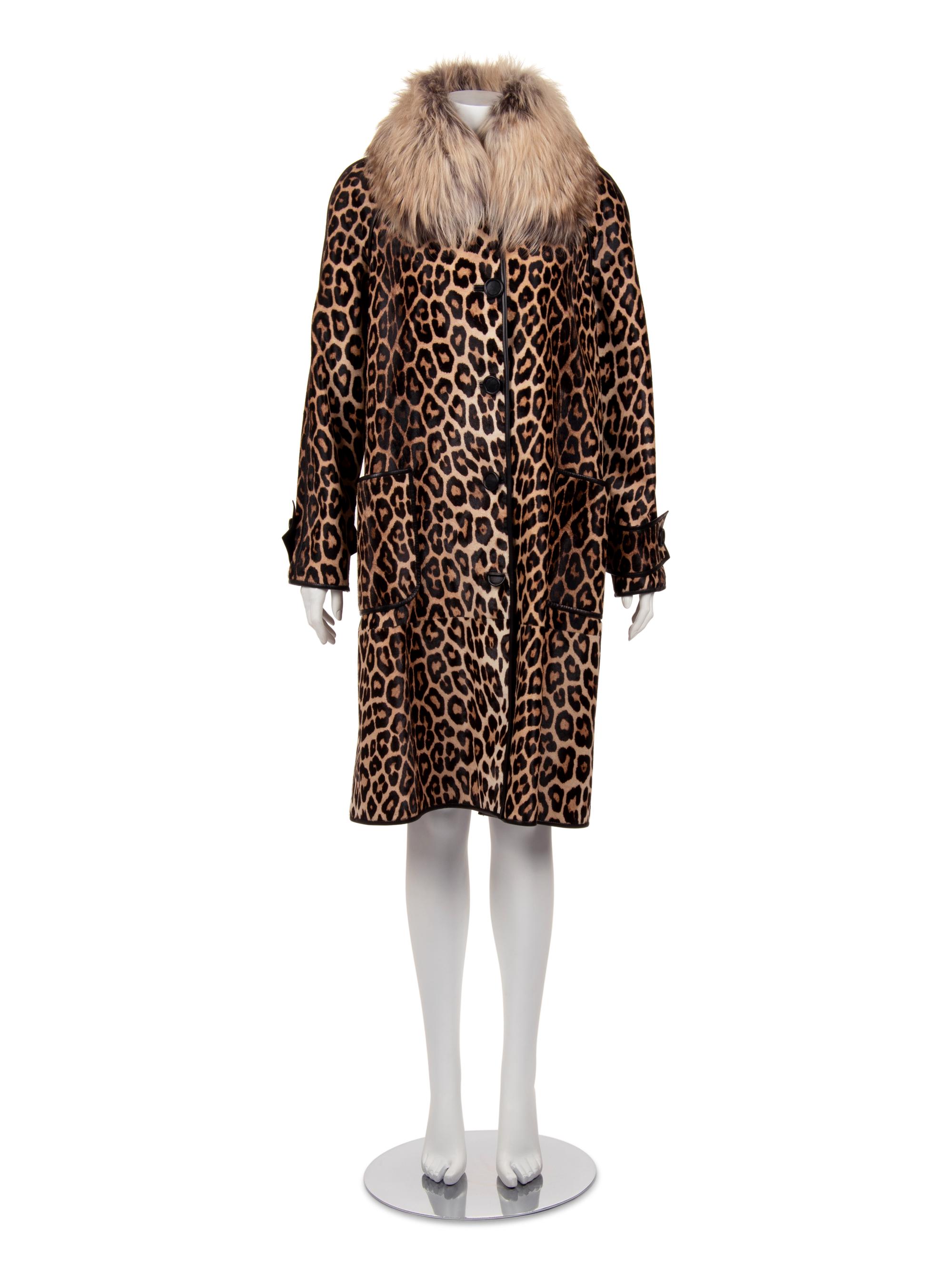 J. Mendel Leopard Print Cavallino Trench Coat with Fox Collar