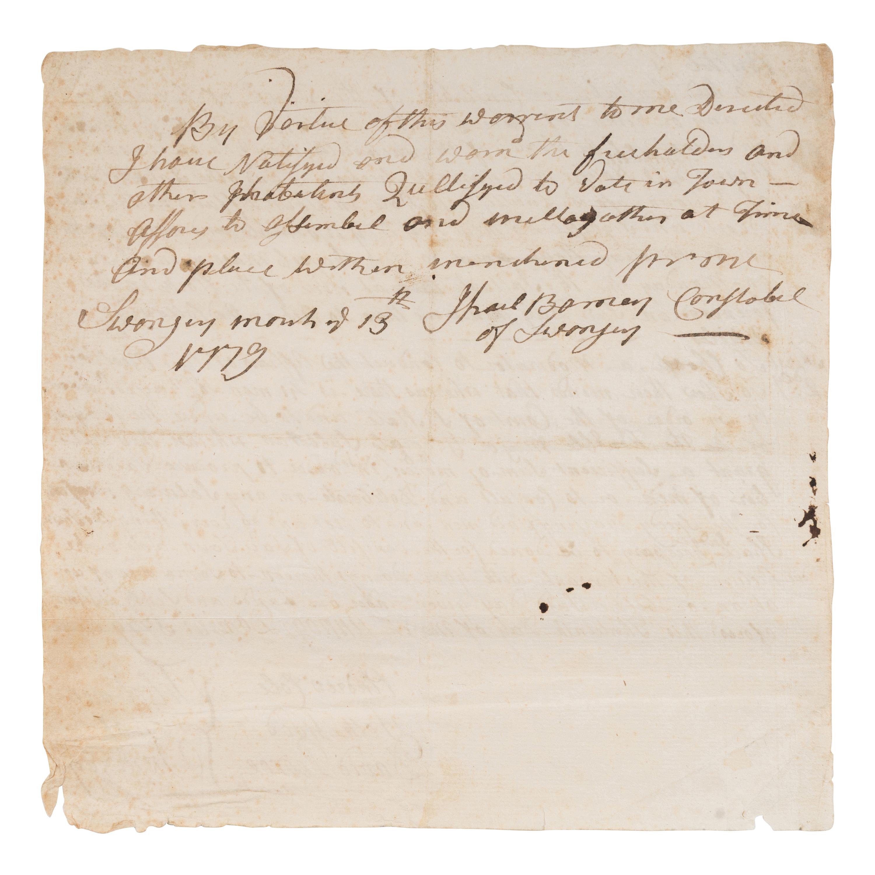 [Revolutionary War]. Manuscript document signed by the Selectmen of Swansea, Swansea, MA, 13 March 1779.