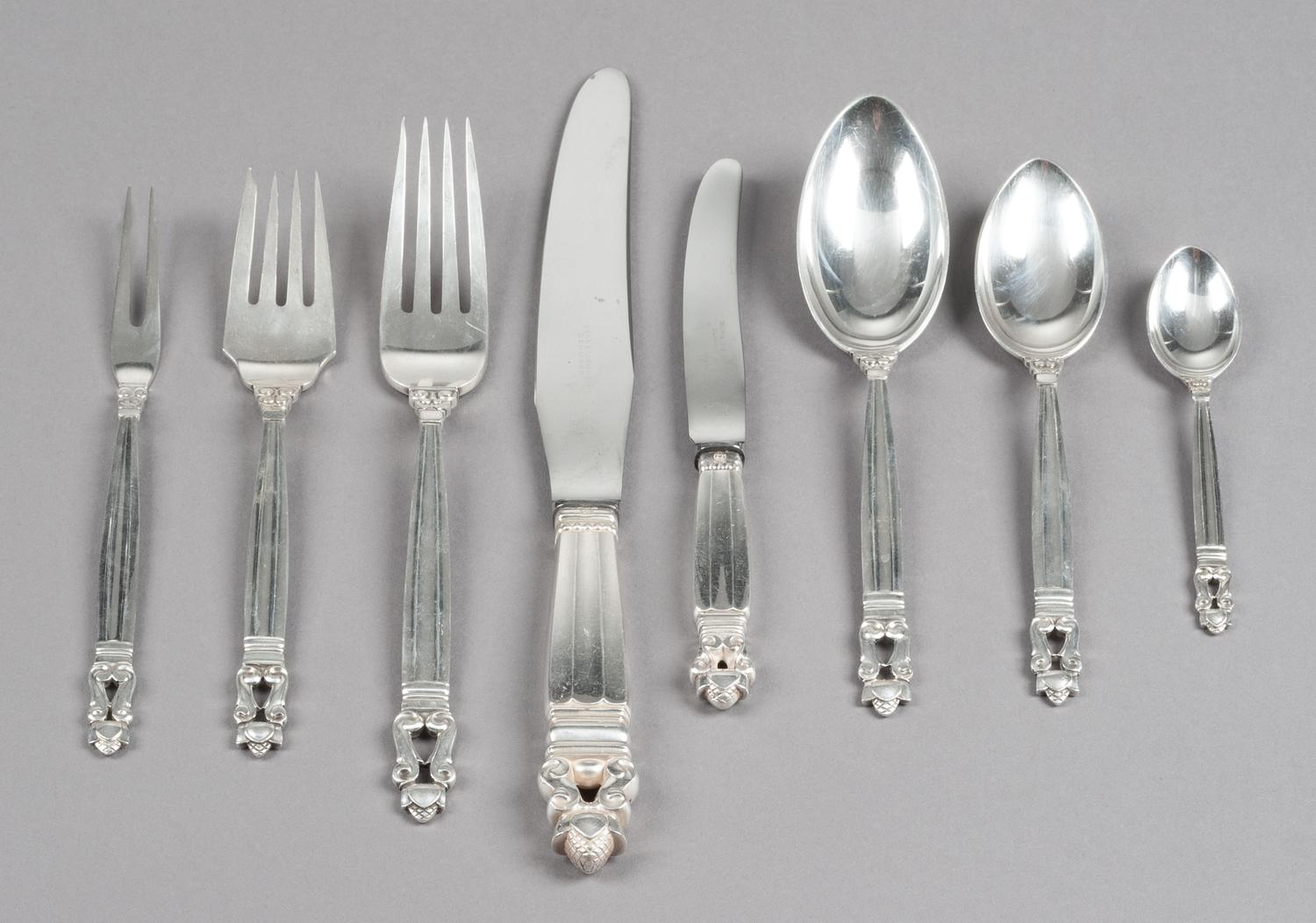 A Danish Silver Flatware Service, Georg Jensen Silversmithy, Copenhagen, 20th Century, Acorn pattern, comprising: 12 dinner knives 12 d