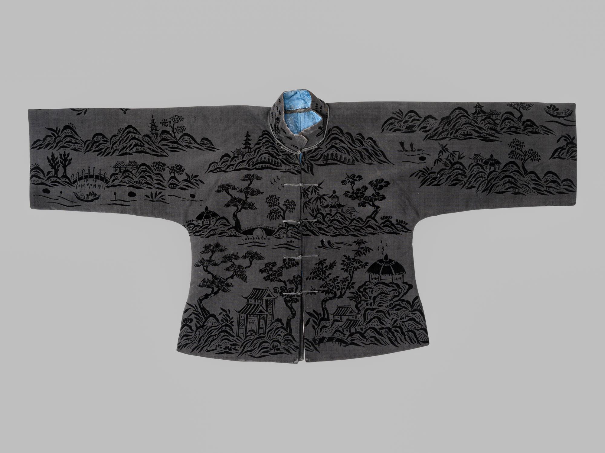 A Chinese Black Ground Silk Twill and Cut Velvet Jacket
