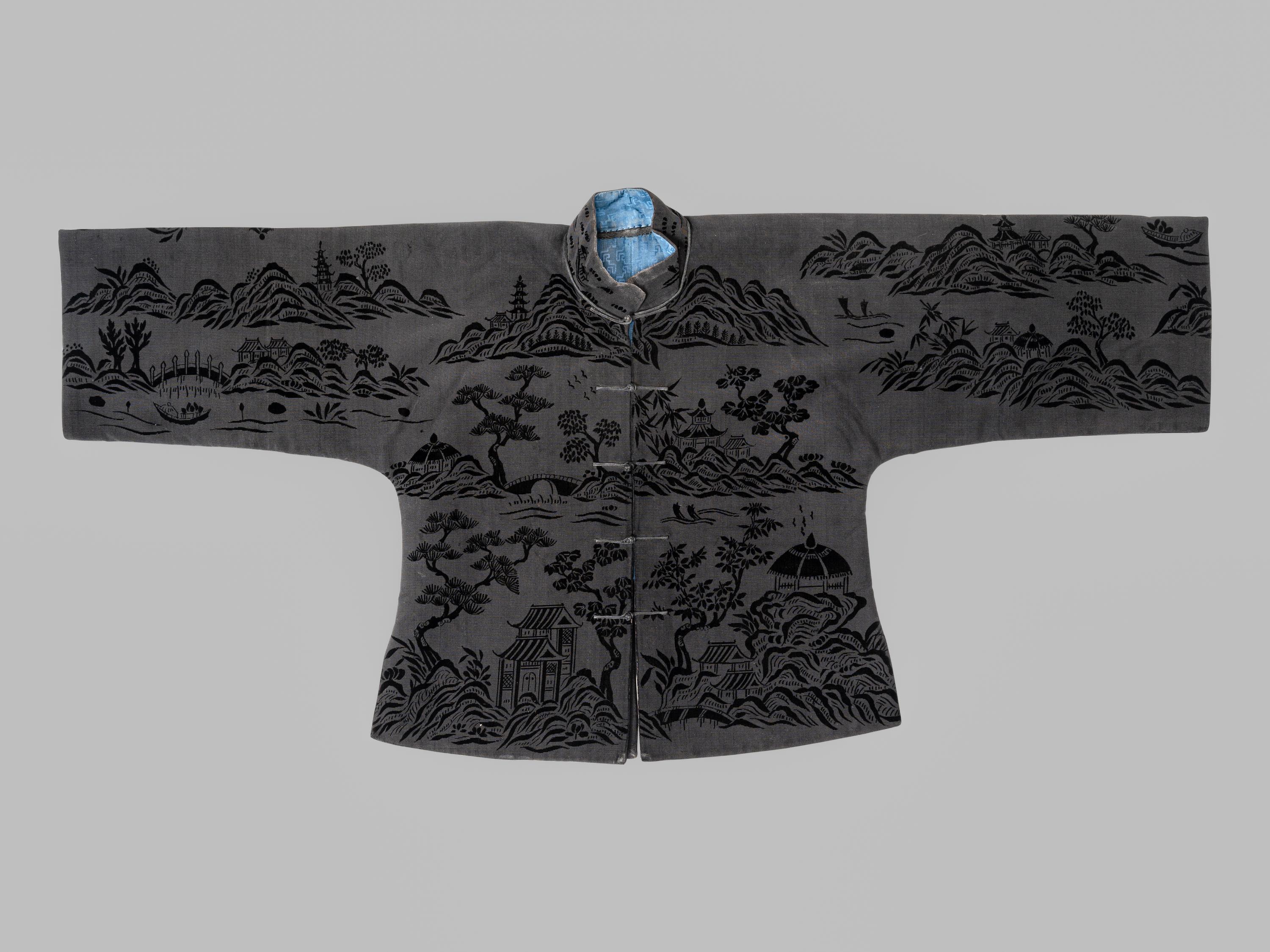 A Chinese Black Ground Silk Twill and Cut Velvet Jacket