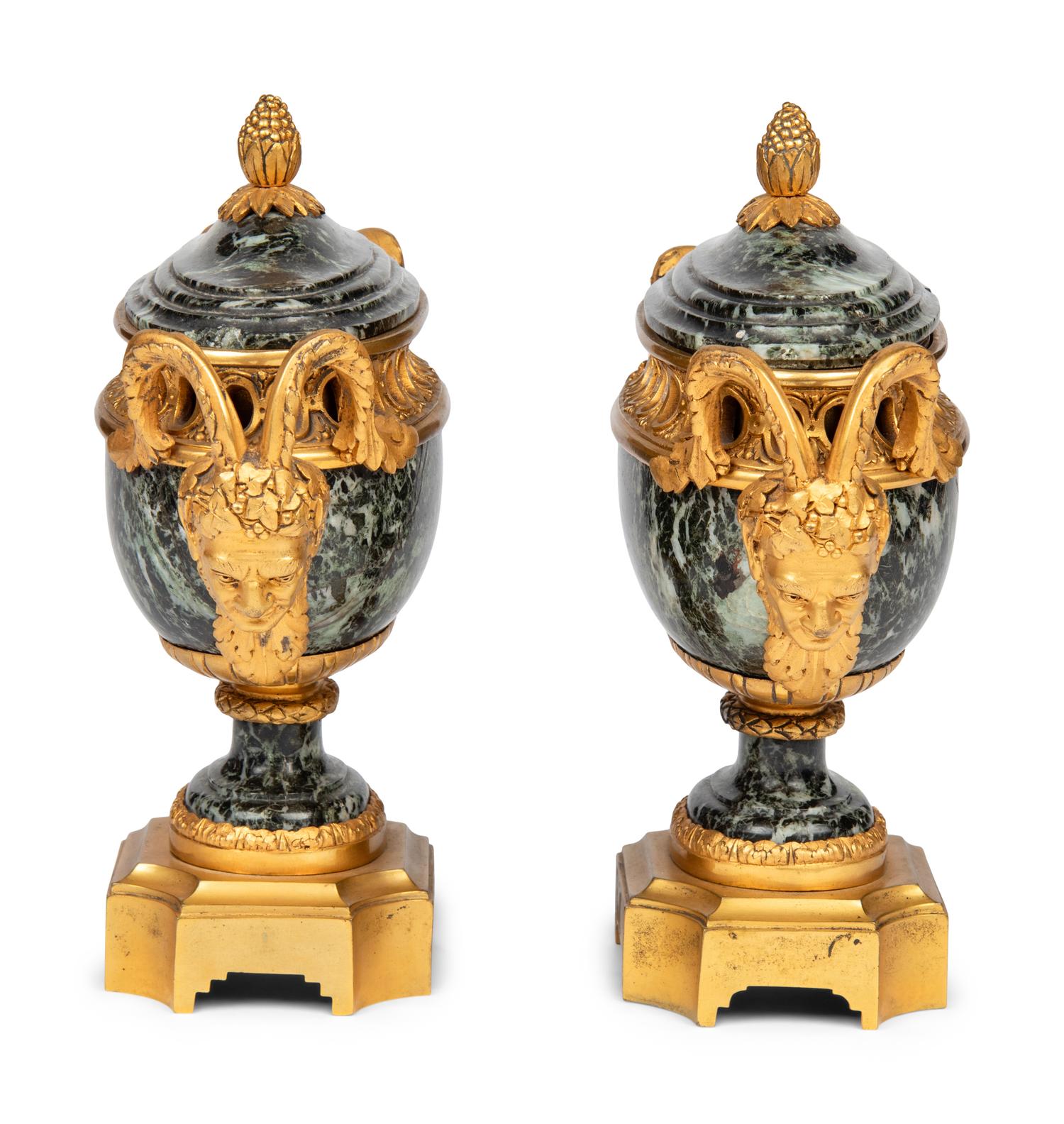 A Pair of Louis XVI Style Gilt Bronze Mounted Verde Antico Marble Vases Navettes