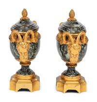 A Pair of Louis XVI Style Gilt Bronze Mounted Verde Antico Marble Vases Navettes