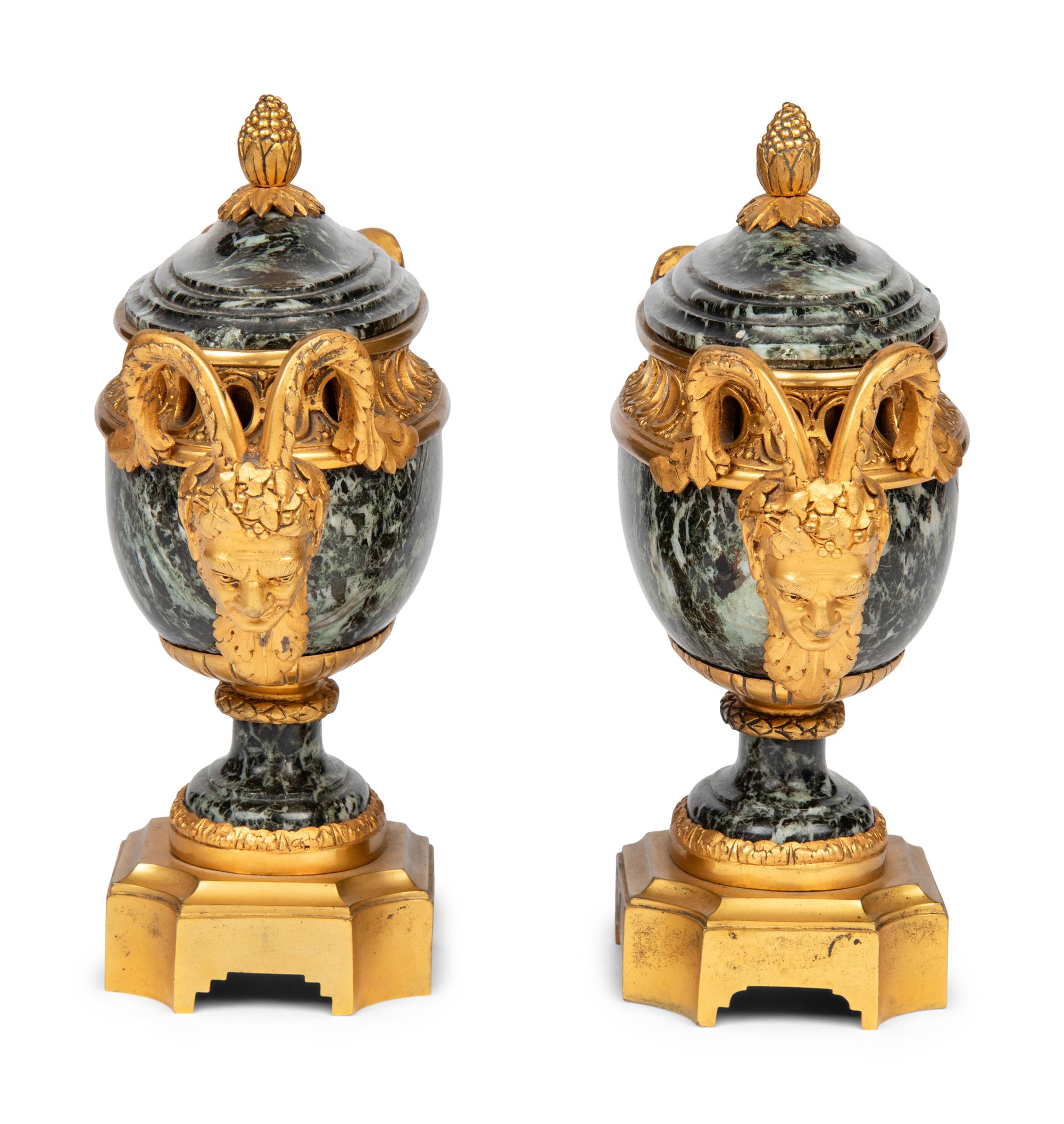 A Pair of Louis XVI Style Gilt Bronze Mounted Verde Antico Marble Vases Navettes