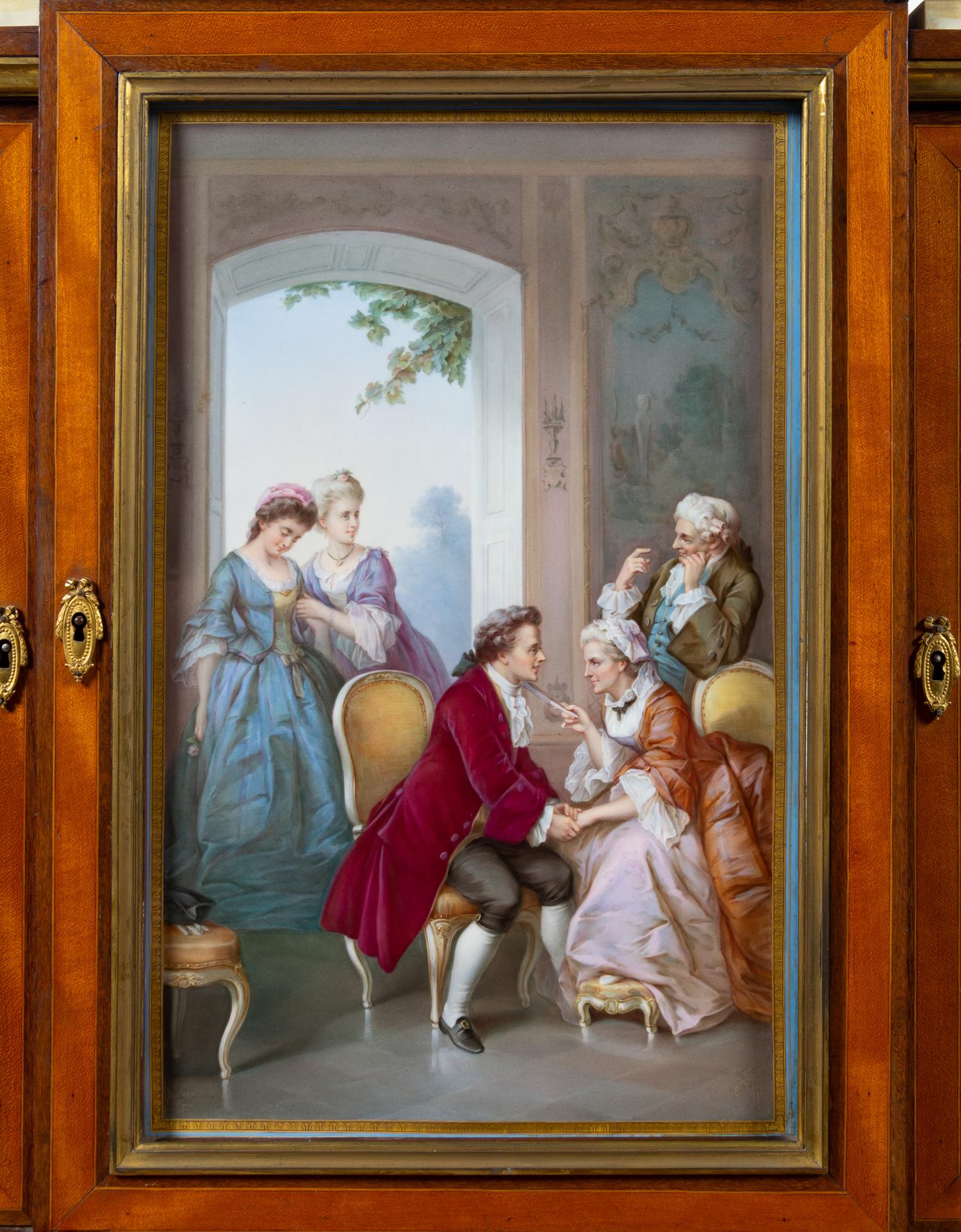 A Louis XVI Style Gilt Bronze and Meissen Porcelain Mounted Marquetry Secrétaire Bibliothèque