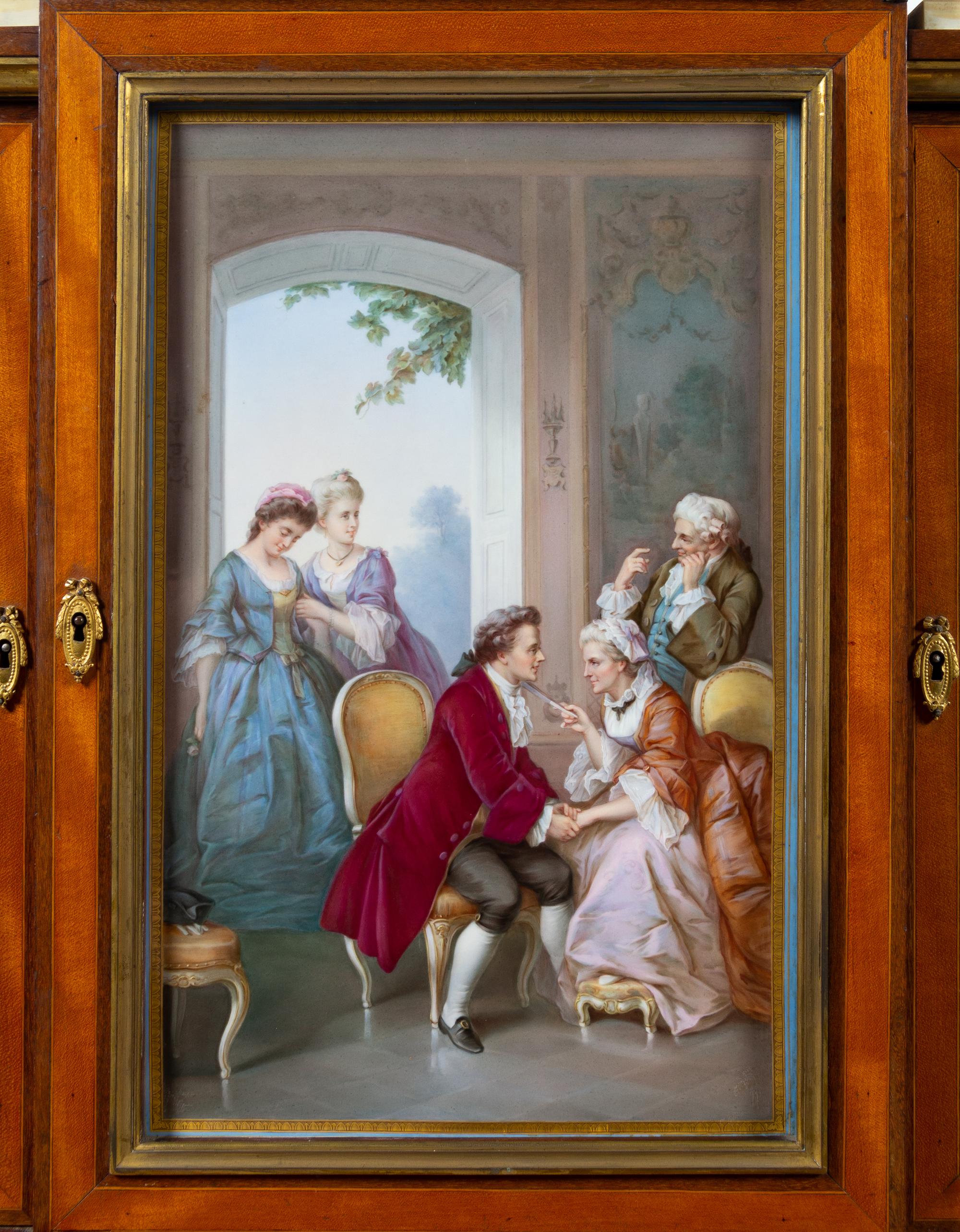 A Louis XVI Style Gilt Bronze and Meissen Porcelain Mounted Marquetry Secrétaire Bibliothèque