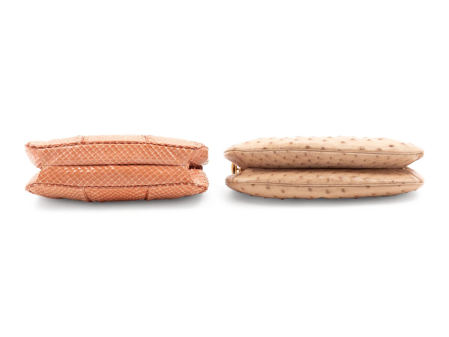 Two Judith Leiber Pouch Fame Bags; One Ostrich, One Snakeskin