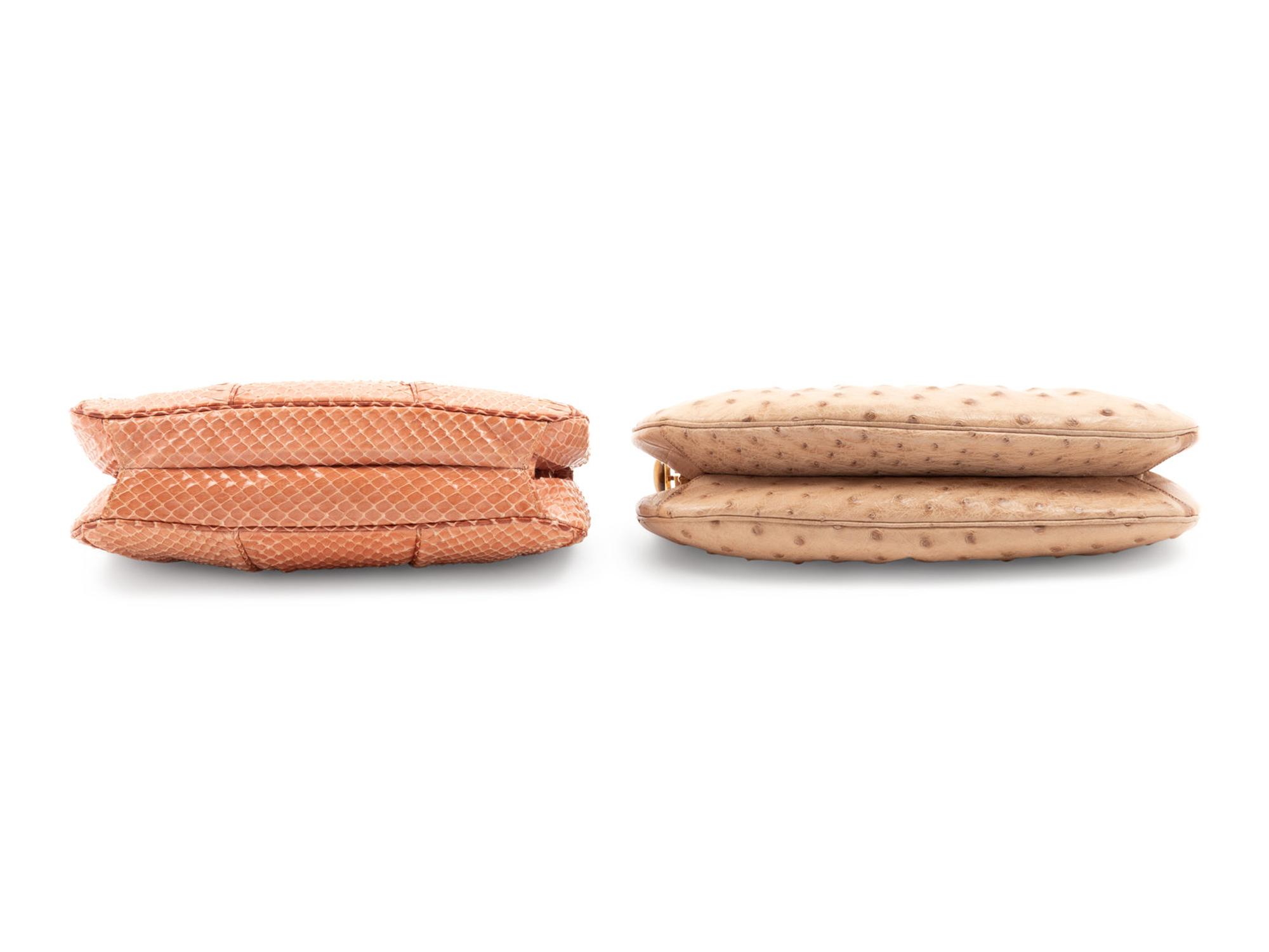 Two Judith Leiber Pouch Fame Bags; One Ostrich, One Snakeskin