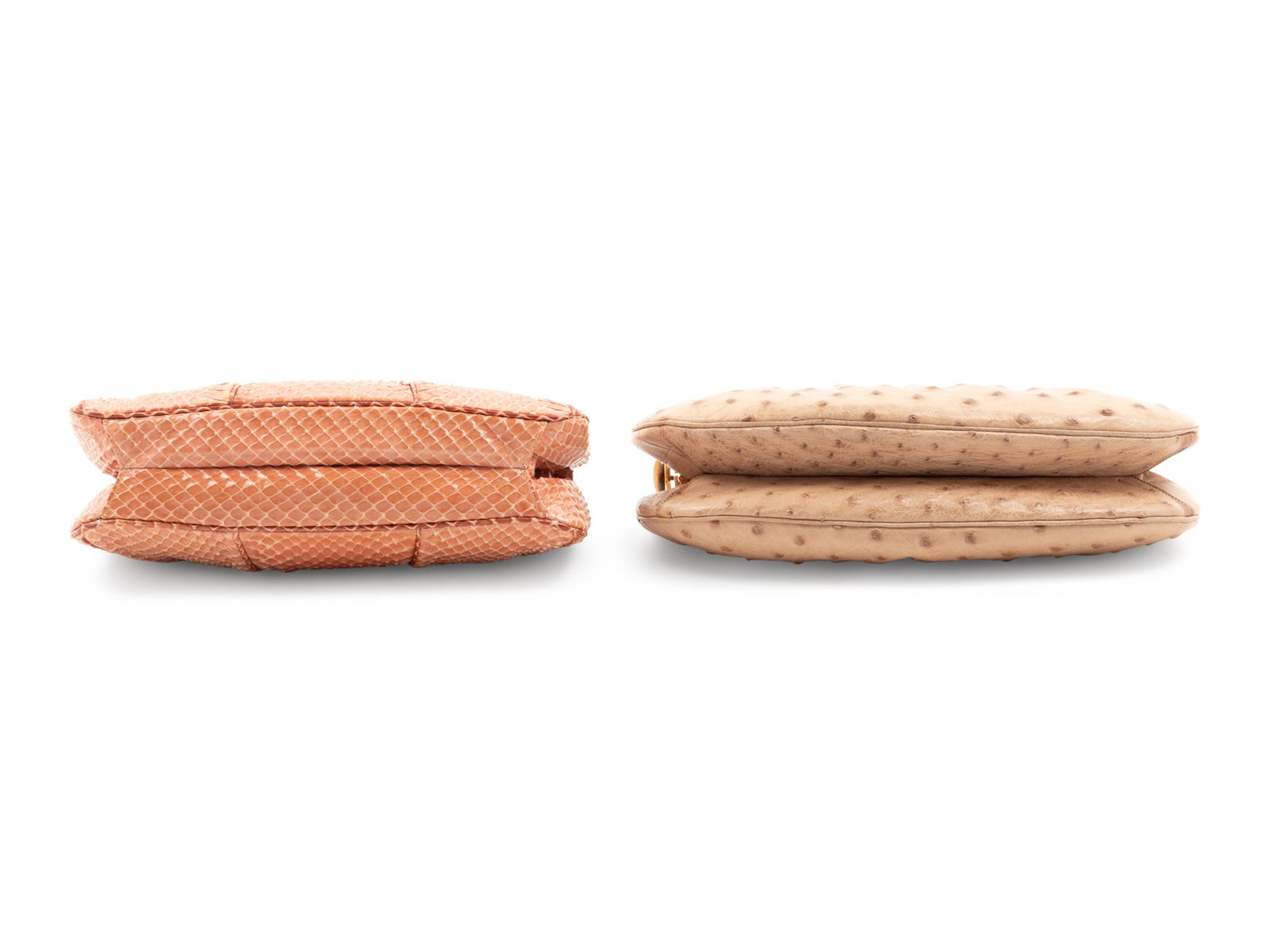 Two Judith Leiber Pouch Fame Bags; One Ostrich, One Snakeskin