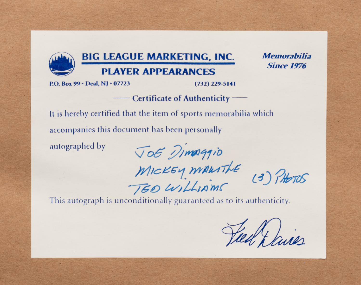 A Joe DiMaggio, Mickey Mantle, Ted Williams Signed Numbers Display,