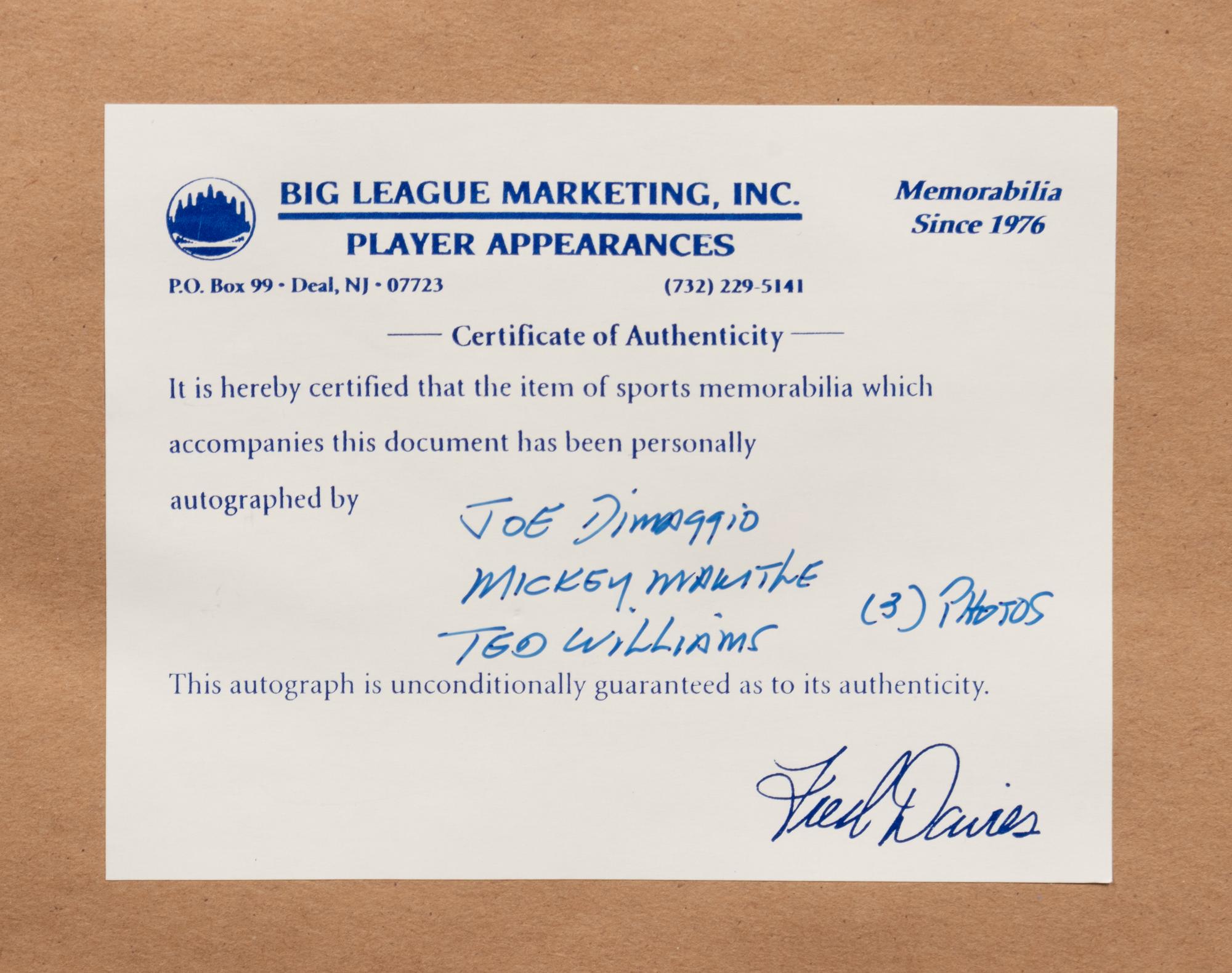 A Joe DiMaggio, Mickey Mantle, Ted Williams Signed Numbers Display,