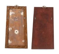 A Pair of Brass Mounted Suede-Inset Oak Mirrored Sconces