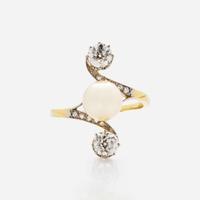A Belle Epoque French 18K Gold, Platinum, Pearl, and Diamond Ring
