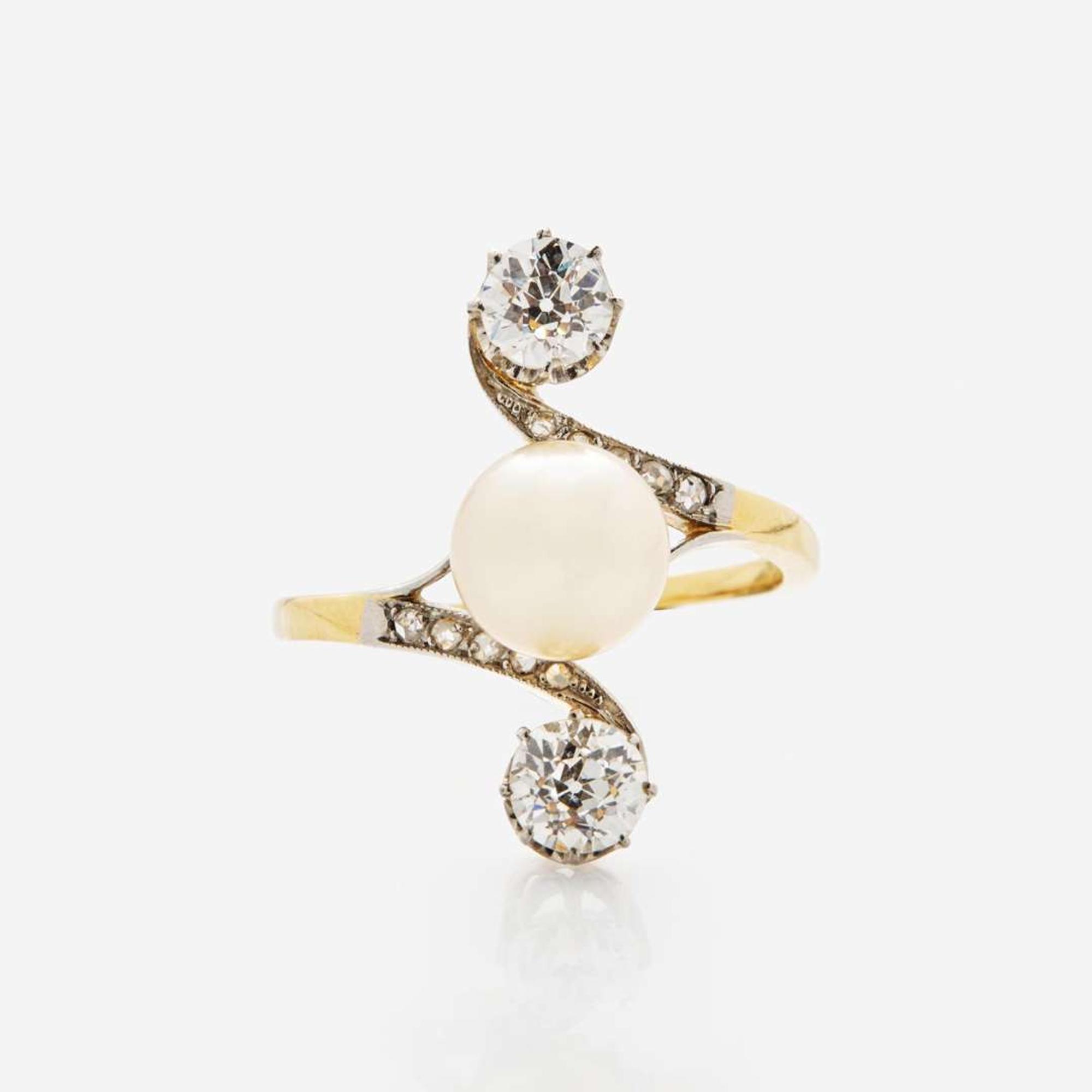 A Belle Epoque French 18K Gold, Platinum, Pearl, and Diamond Ring