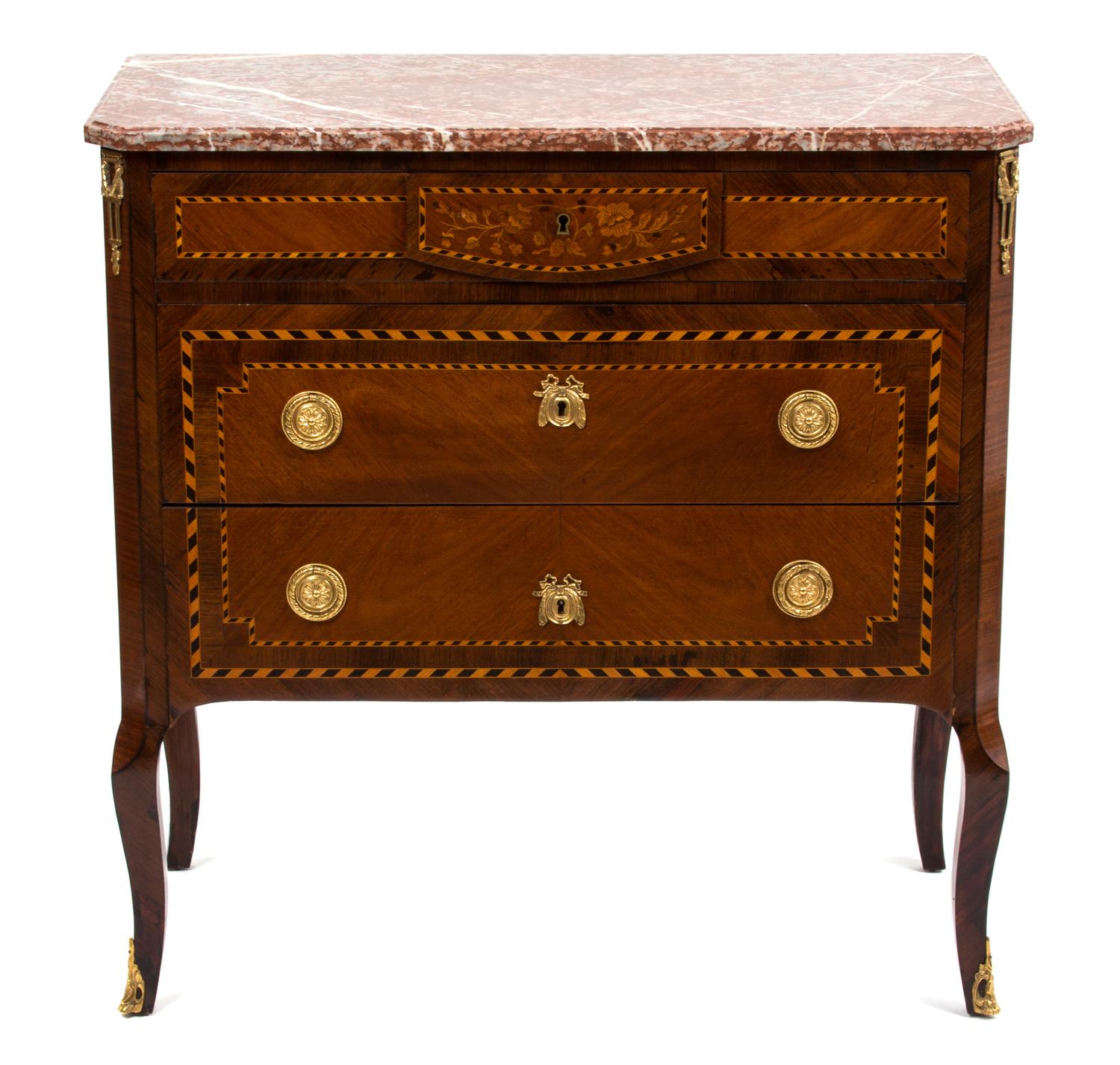 A Louis XVI Style Marquetry Gilt Metal Mounted Commode Height 34 x width 33 1/2 x depth 16 inches. — LATE 19TH CENTURY
