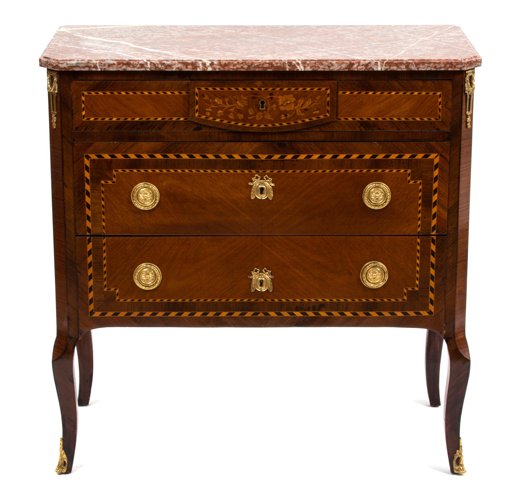 A Louis XVI Style Marquetry Gilt Metal Mounted Commode Height 34 x width 33 1/2 x depth 16 inches. — LATE 19TH CENTURY