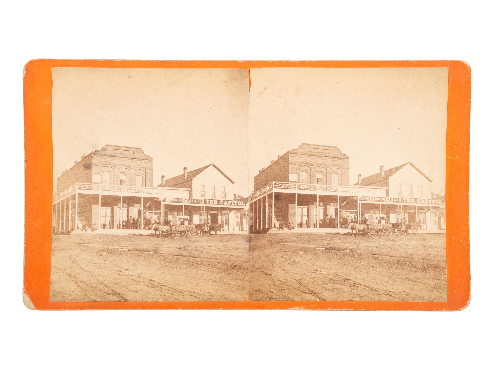 [WESTERN AMERICANA]. ROTHROCK, G.H., photographer. Stereoview of the Bank of Arizona, Bowen, Knowles & Co., and the Capitol. Prescott, Arizona Territory.
