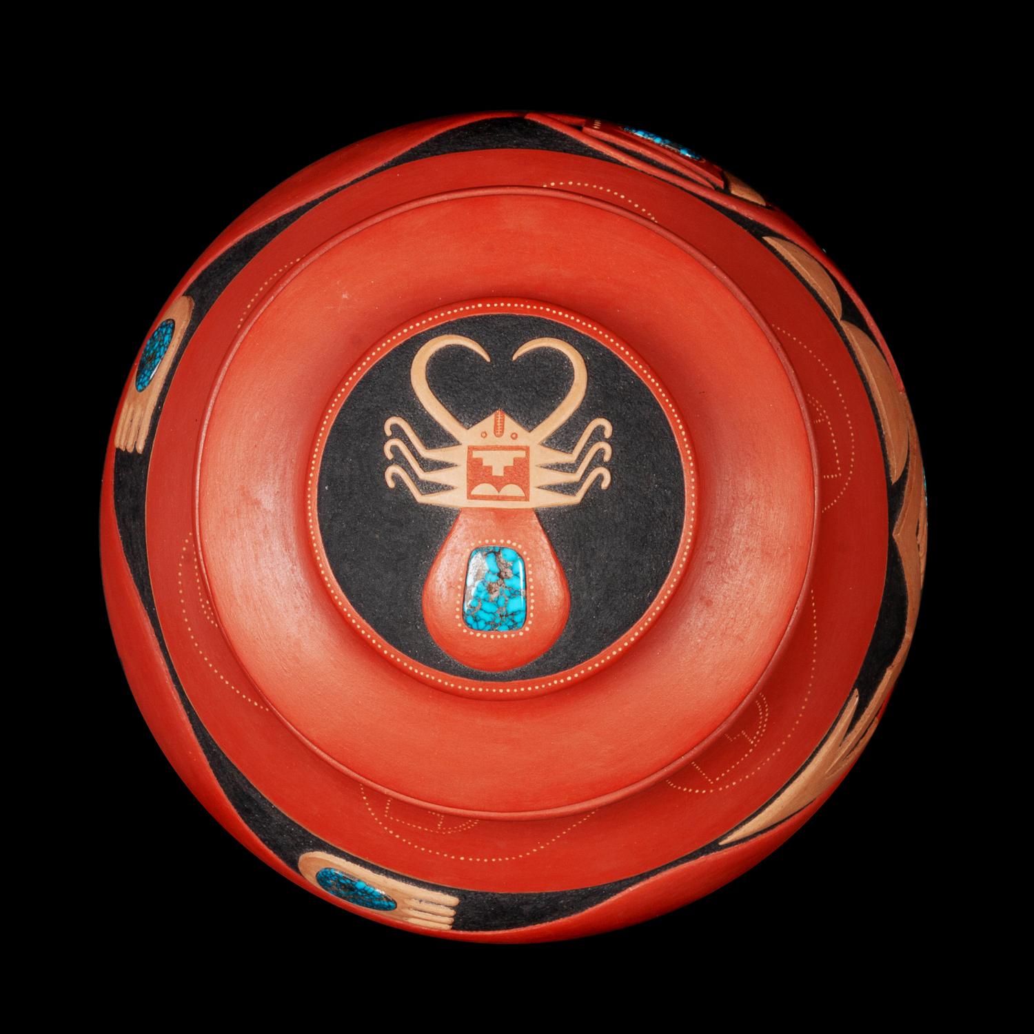 Redware Lidded Jar, with Turquoise Cabochons