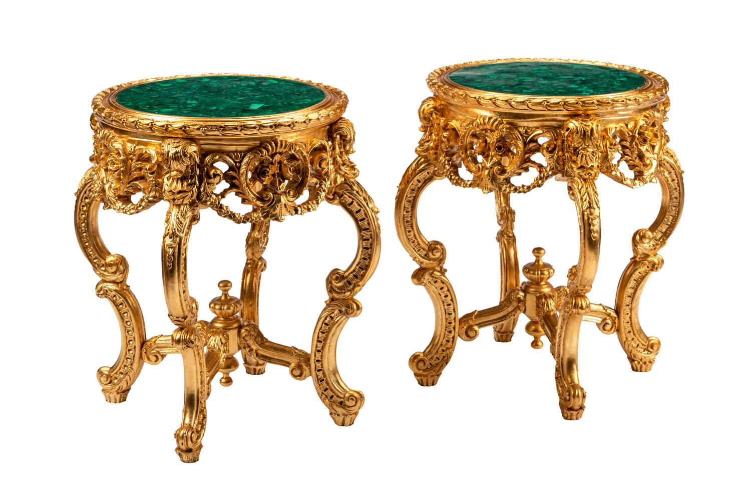 A Pair of Louis XV Style Giltwood Malachite-Top Tables