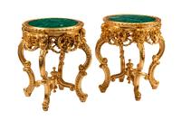 A Pair of Louis XV Style Giltwood Malachite-Top Tables