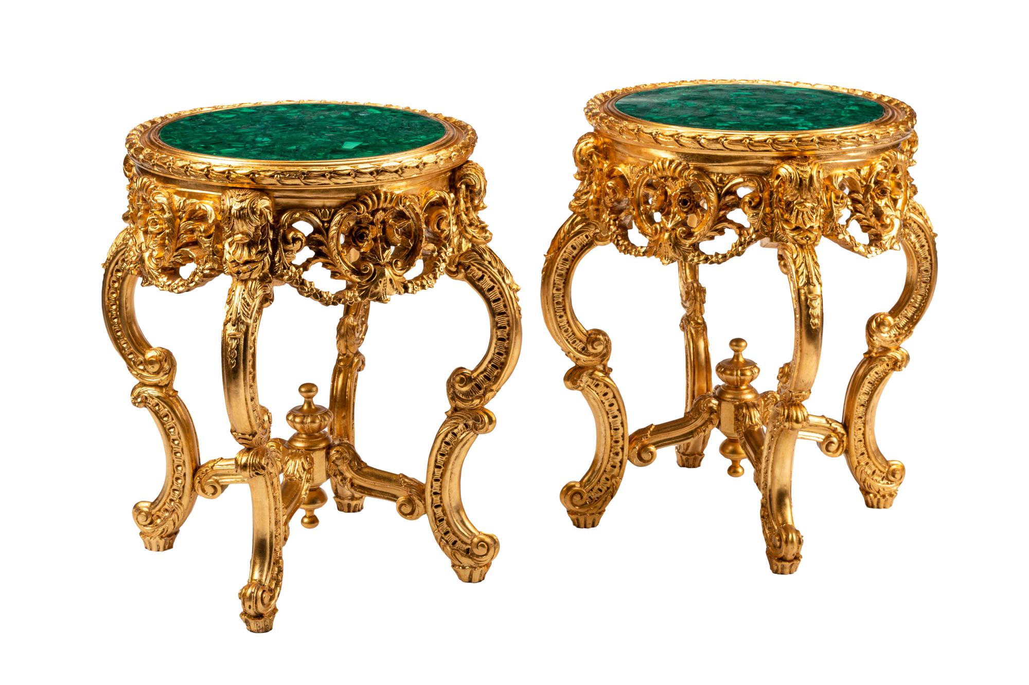A Pair of Louis XV Style Giltwood Malachite-Top Tables